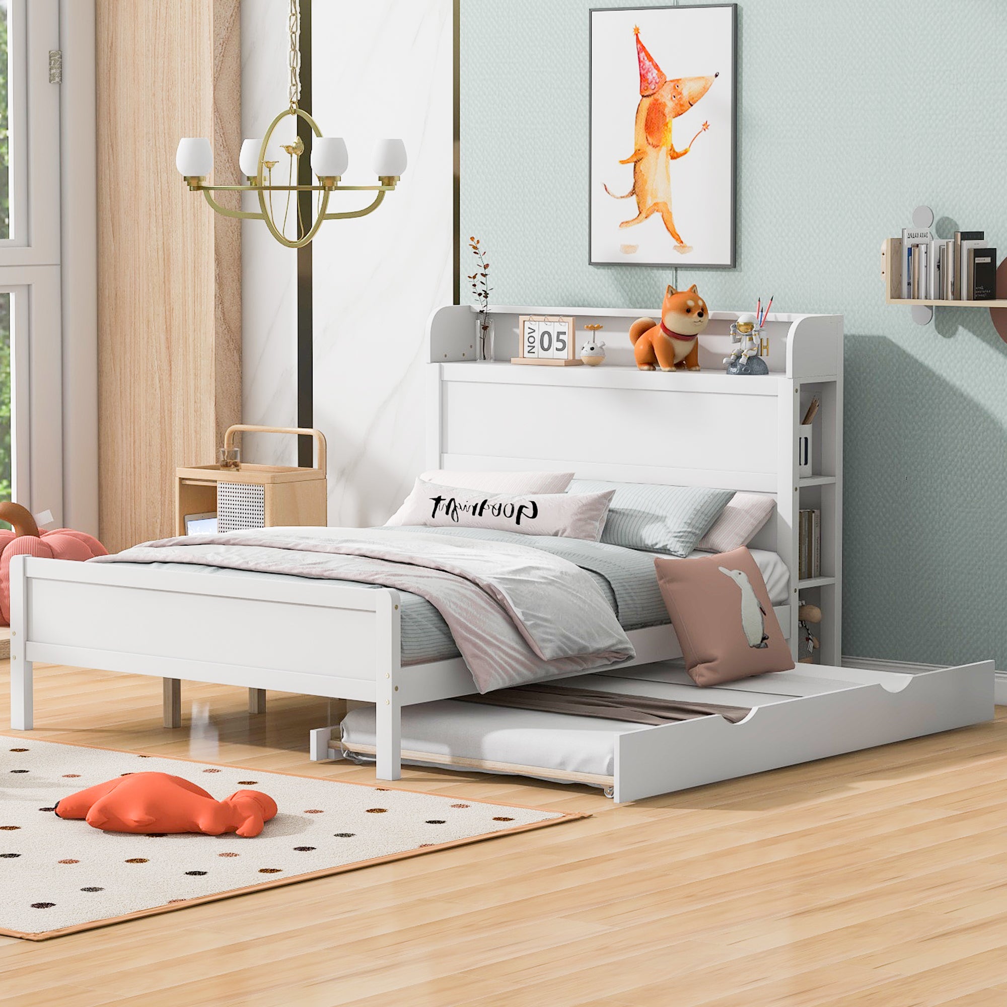 🆓🚛 Full Size Platform Bed With Storage Headboard and Twin Size Trundle, White