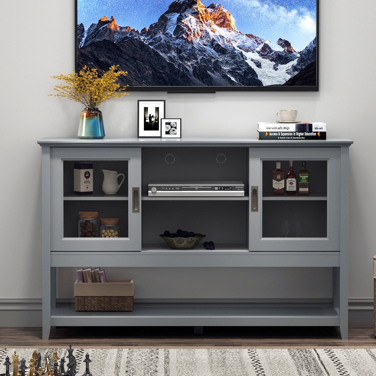 🆓🚛 Sideboard Buffet Table With Doors, Gray