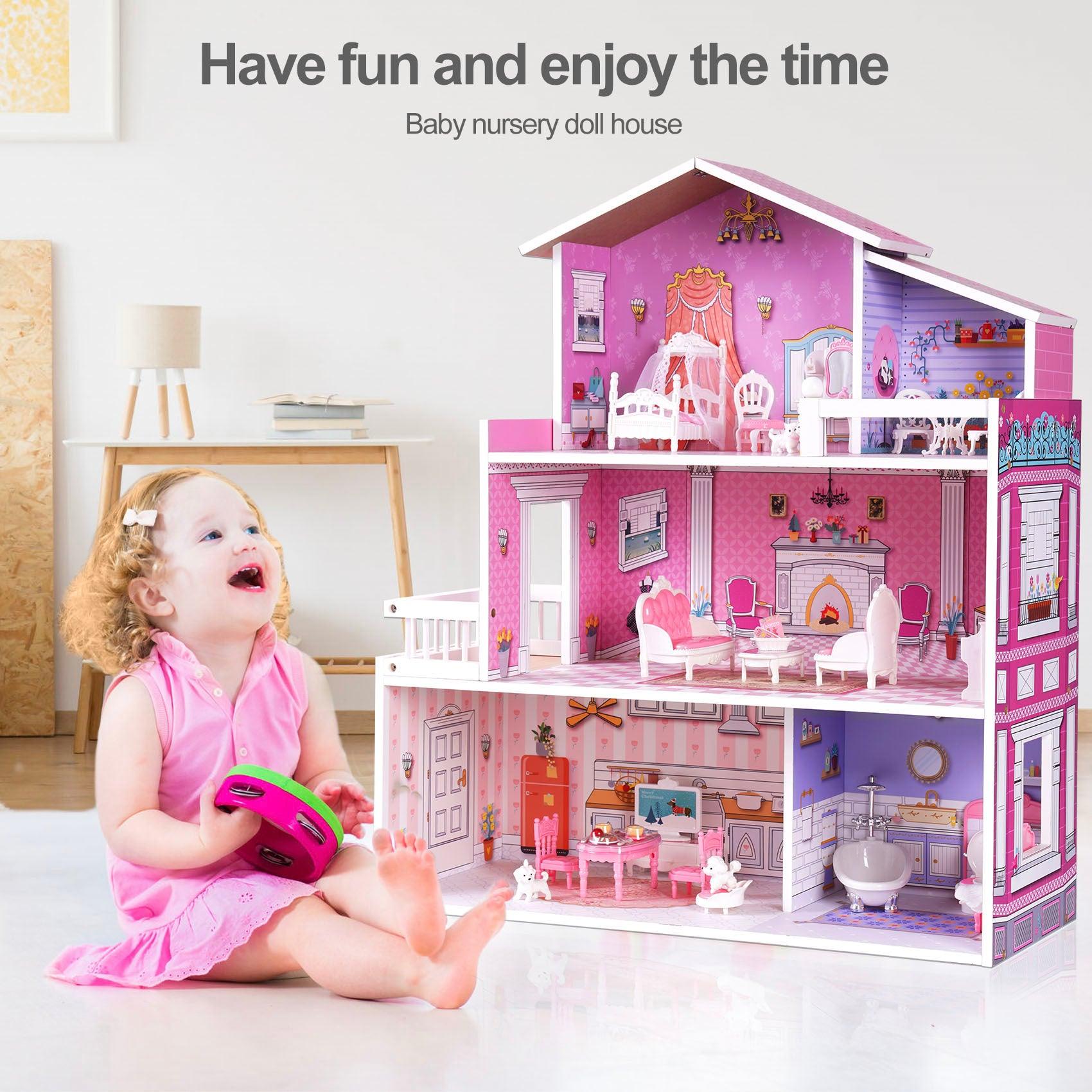 🆓🚛 Wooden Dollhouse for Kids With 24Pcs Furniture Preschool Dollhouse House Toy