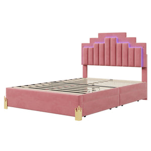 Full Size Upholstered Platform Bed with LED Lights and 4 Drawers, Stylish Irregular Metal Bed Legs Design, Pink