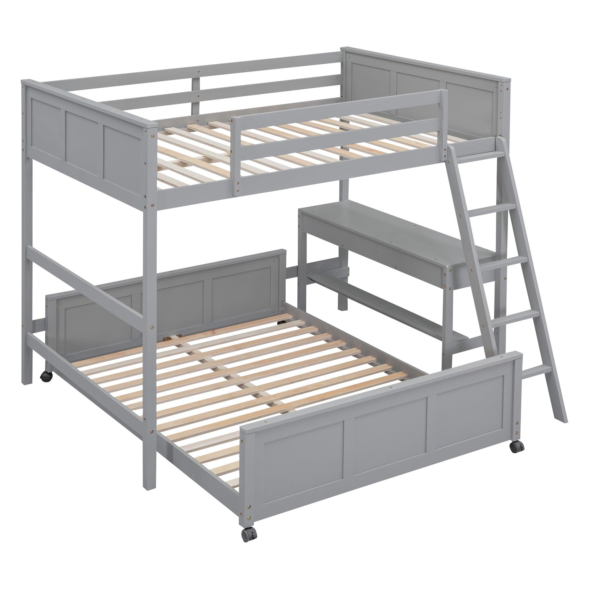 Full Over Full Bunk Bed with Desk, Gray