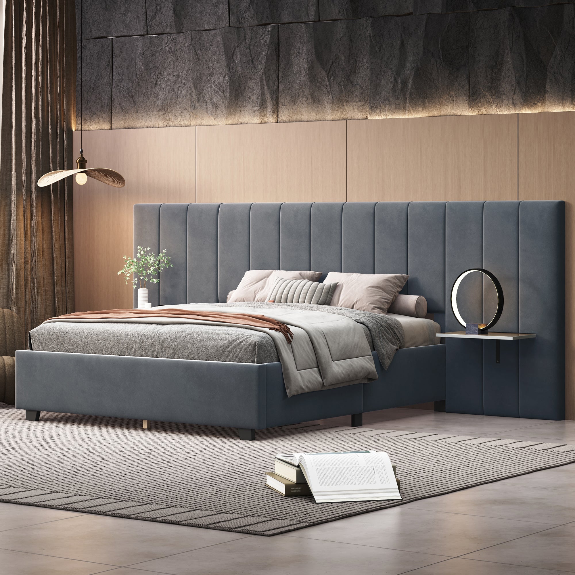 🆓🚛 Queen Size Upholstered Platform Bed with Big Headboard, Bedroom Furniture, Velvet, Gray