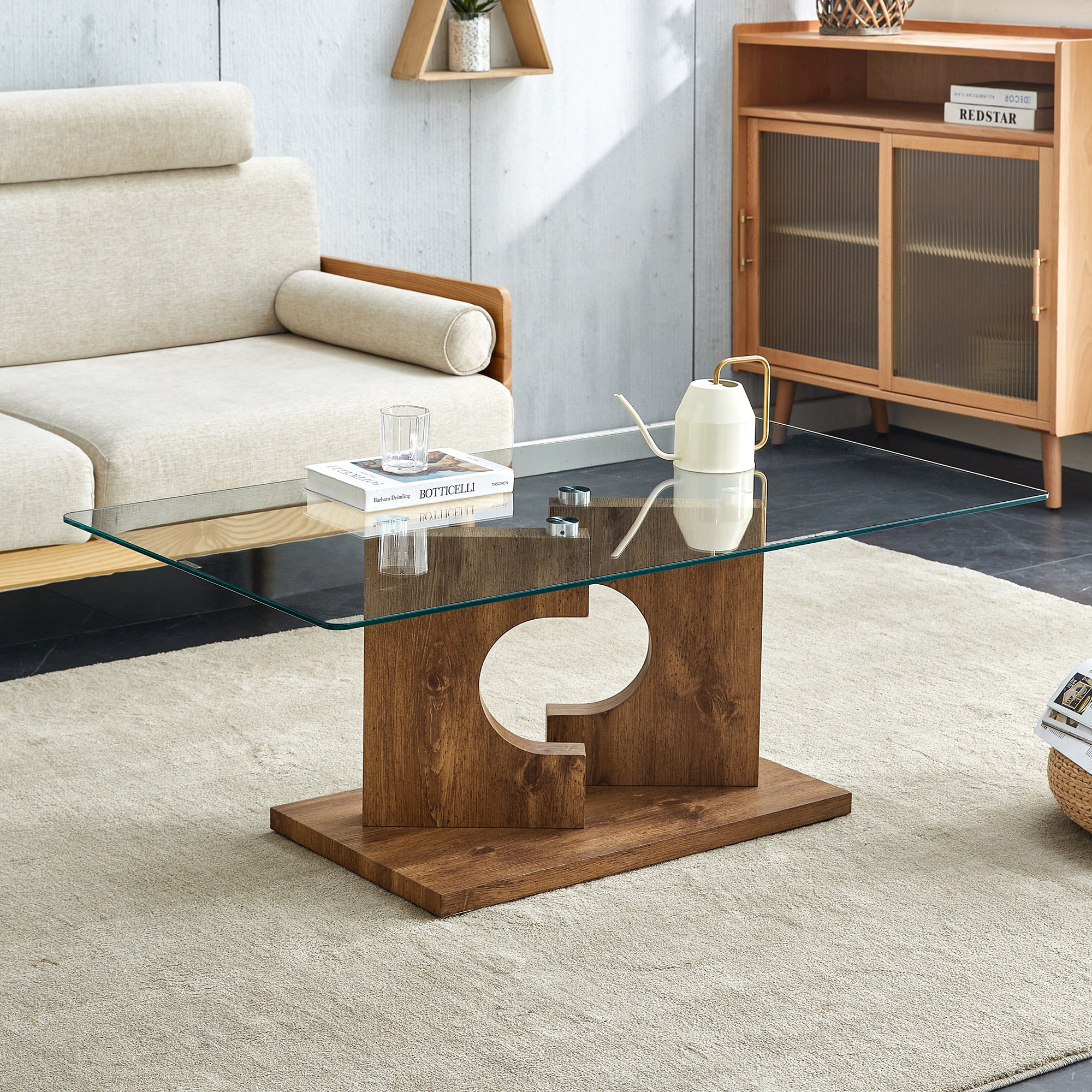 🆓🚛 Rectangular Modern and Fashionable Coffee Table, Tempered Glass Tabletop, Wood Color Legs