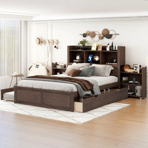 Full Size Storage Platform Bed with Pull Out Shelves, Twin Size Trundle and 2 Drawers, Espresso