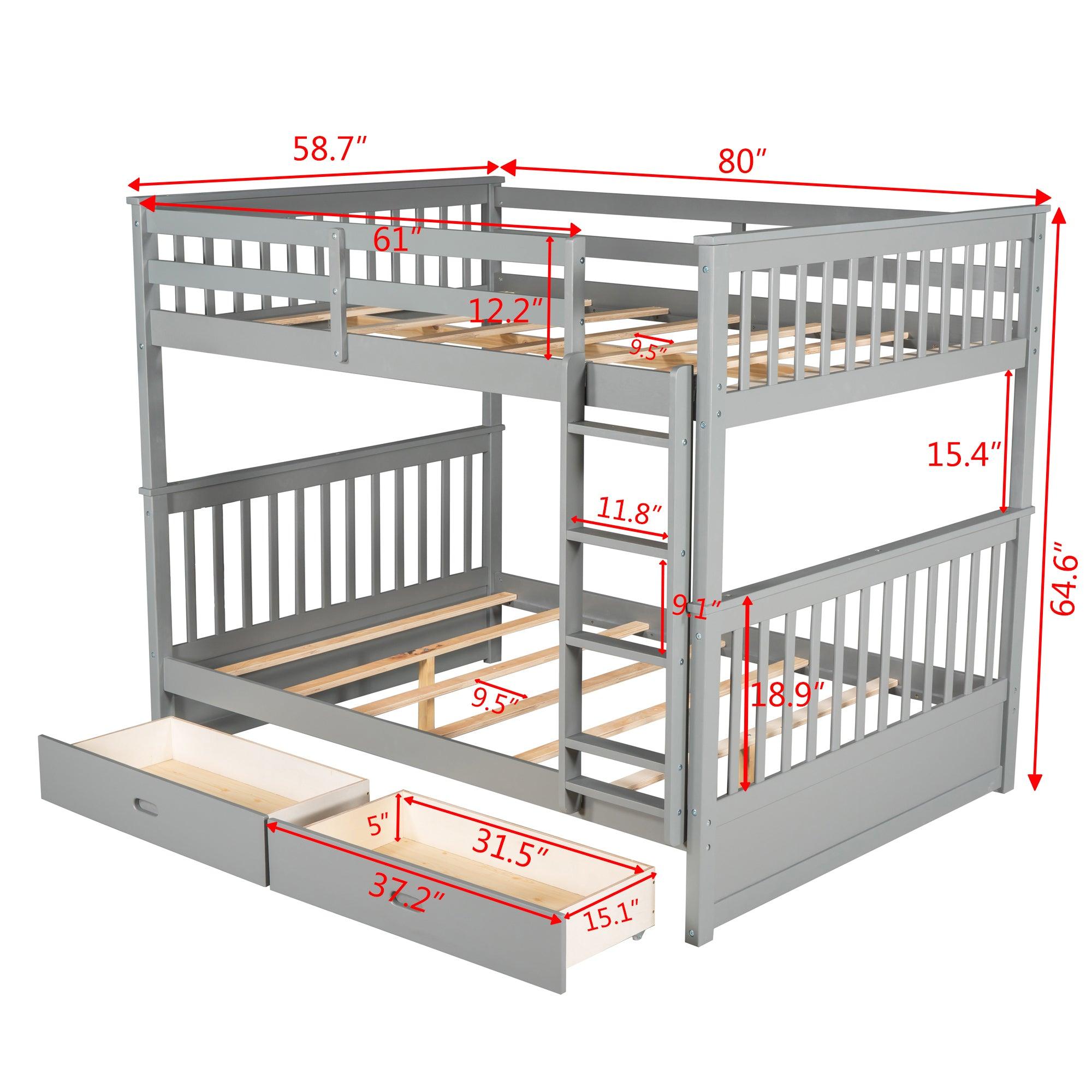 Full-Over-Full Bunk Bed with Ladders and Two Storage Drawers (Gray)