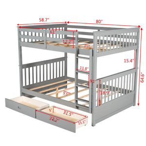 Full-Over-Full Bunk Bed with Ladders and Two Storage Drawers (Gray)