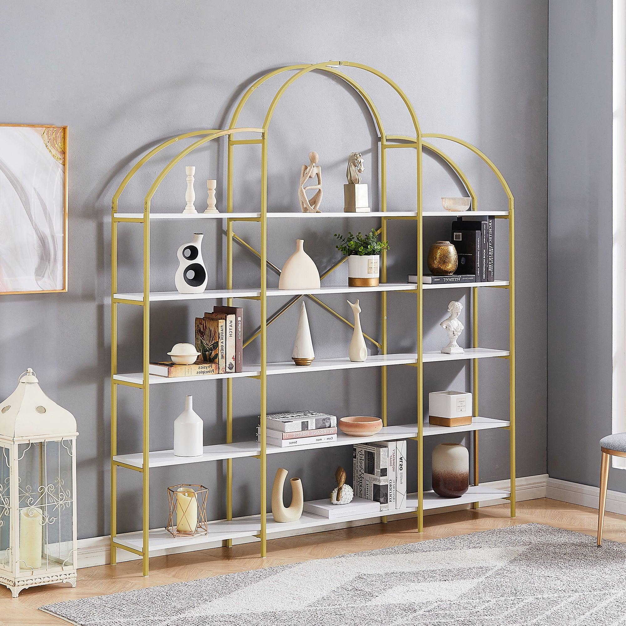 🆓🚛 74.8 Inch 5 Tiers Office Bookcase Bookshelf, Display Shelf With Round Top, X Bar Gold Frame