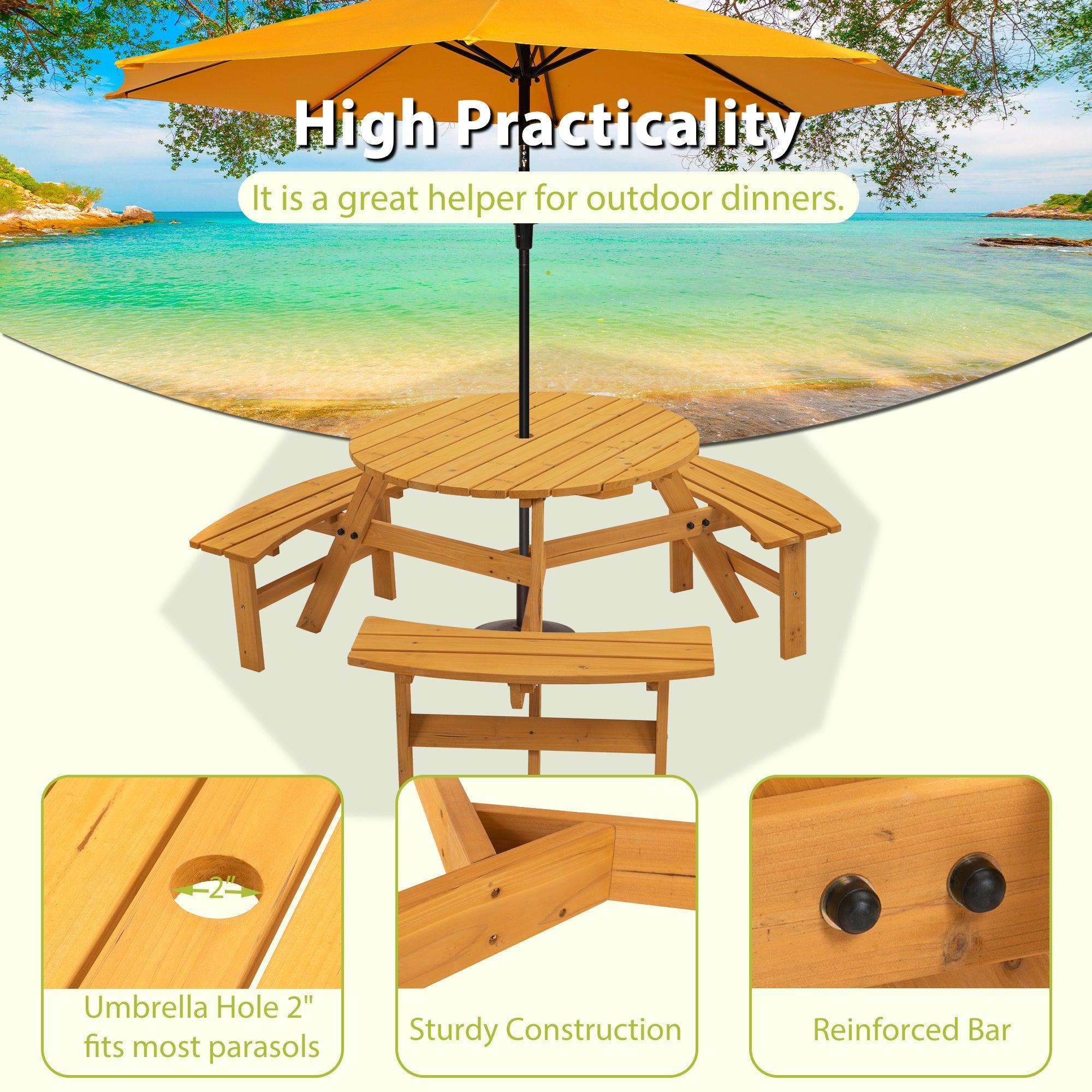 6-Person Circular Outdoor Wooden Picnic Table For Patio, Backyard, Garden, DIY W/ 3 Built-In Benches, 1720Lb Capacity - Natural LamCham