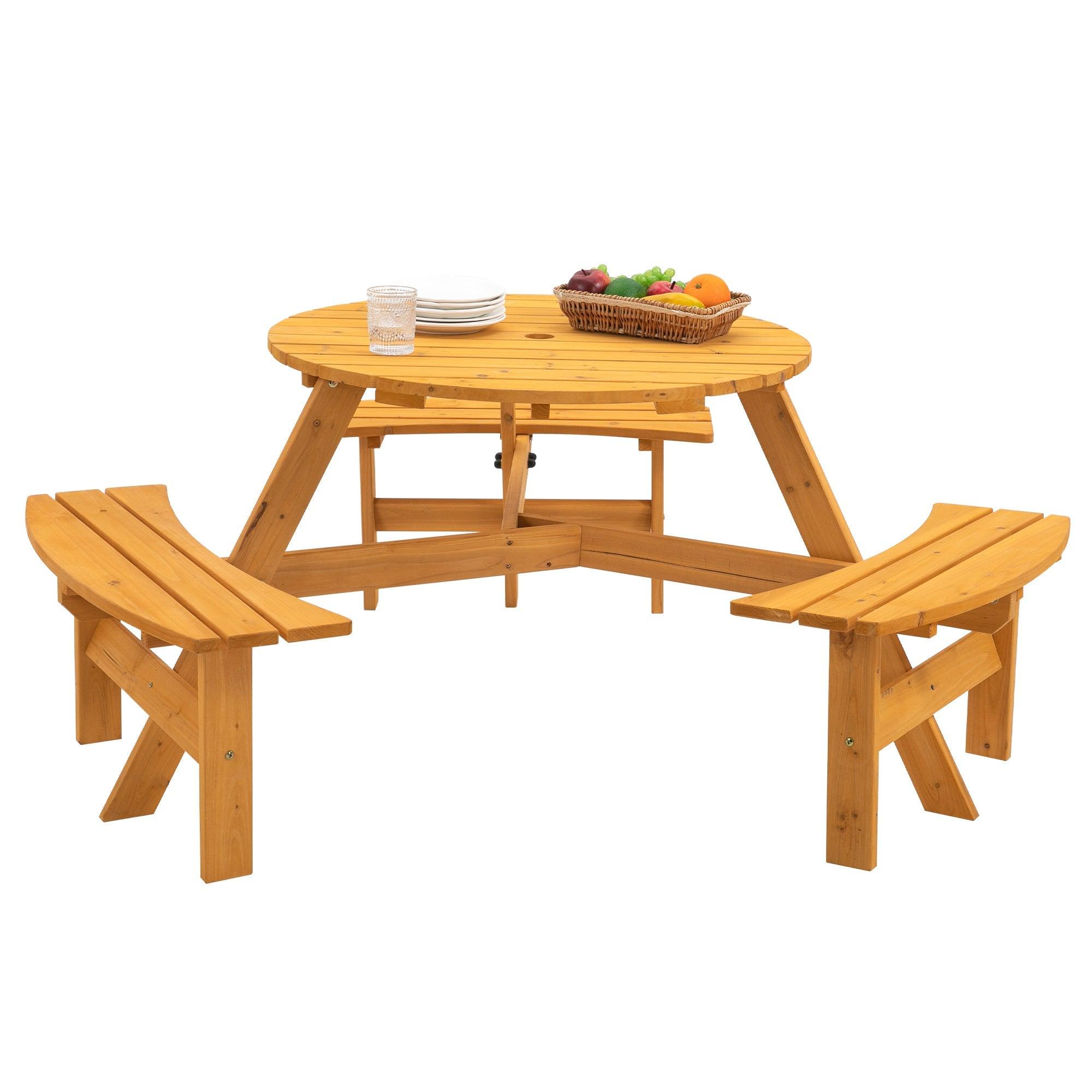 6-Person Circular Outdoor Wooden Picnic Table For Patio, Backyard, Garden, DIY W/ 3 Built-In Benches, 1720Lb Capacity - Natural LamCham