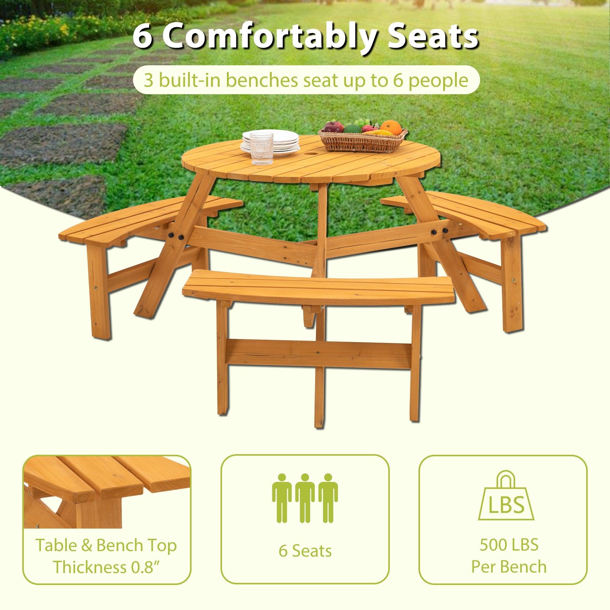 6-Person Circular Outdoor Wooden Picnic Table For Patio, Backyard, Garden, DIY W/ 3 Built-In Benches, 1720Lb Capacity - Natural LamCham