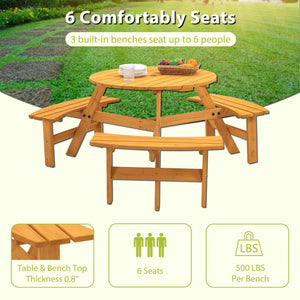 6-Person Circular Outdoor Wooden Picnic Table For Patio, Backyard, Garden, DIY W/ 3 Built-In Benches, 1720Lb Capacity - Natural LamCham