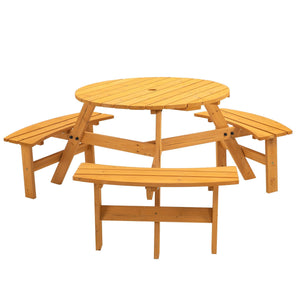 6-Person Circular Outdoor Wooden Picnic Table For Patio, Backyard, Garden, DIY W/ 3 Built-In Benches, 1720Lb Capacity - Natural LamCham