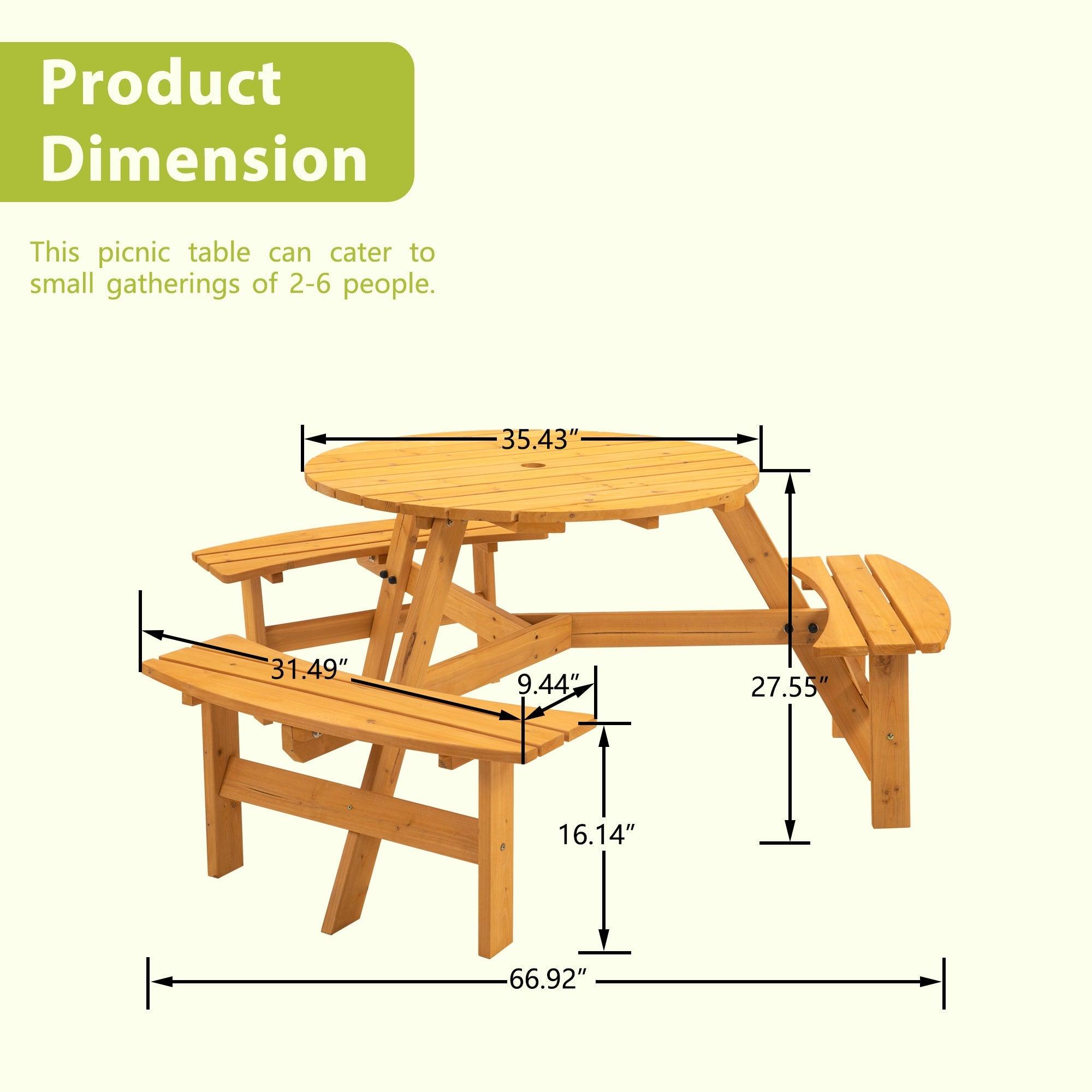 6-Person Circular Outdoor Wooden Picnic Table For Patio, Backyard, Garden, DIY W/ 3 Built-In Benches, 1720Lb Capacity - Natural LamCham