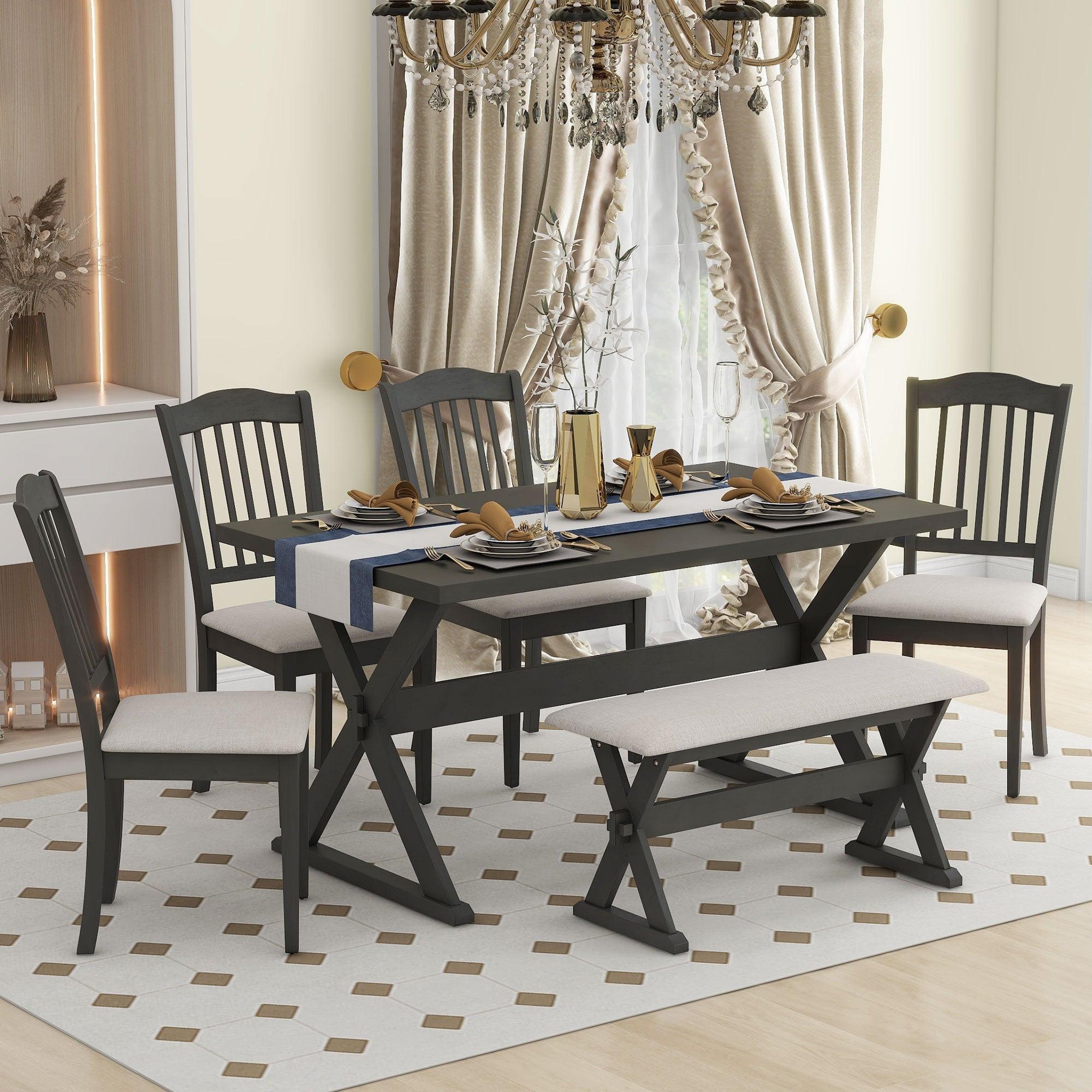 6-Piece Rustic Dining Set, Rectangular Trestle Table And 4 Upholstered Chairs & Bench For Dining Room (Gray) LamCham