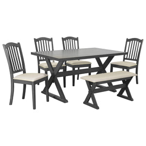 6-Piece Rustic Dining Set, Rectangular Trestle Table And 4 Upholstered Chairs & Bench For Dining Room (Gray) LamCham