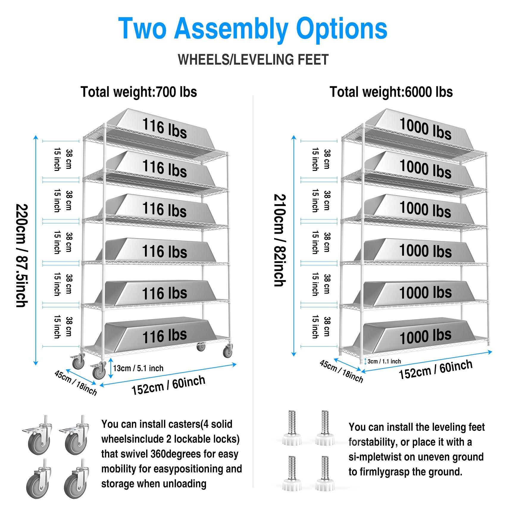 6 Tier Wire Shelving Unit, 6000 LBS NSF Height Adjustable Metal Garage Storage Shelves with Wheels, Heavy Duty Storage Wire Rack, White LamCham