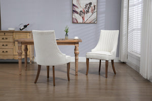 Exquisite White Boucle Upholstered Strip Back Dining Chair with Solid Wood Legs 2 Pcs