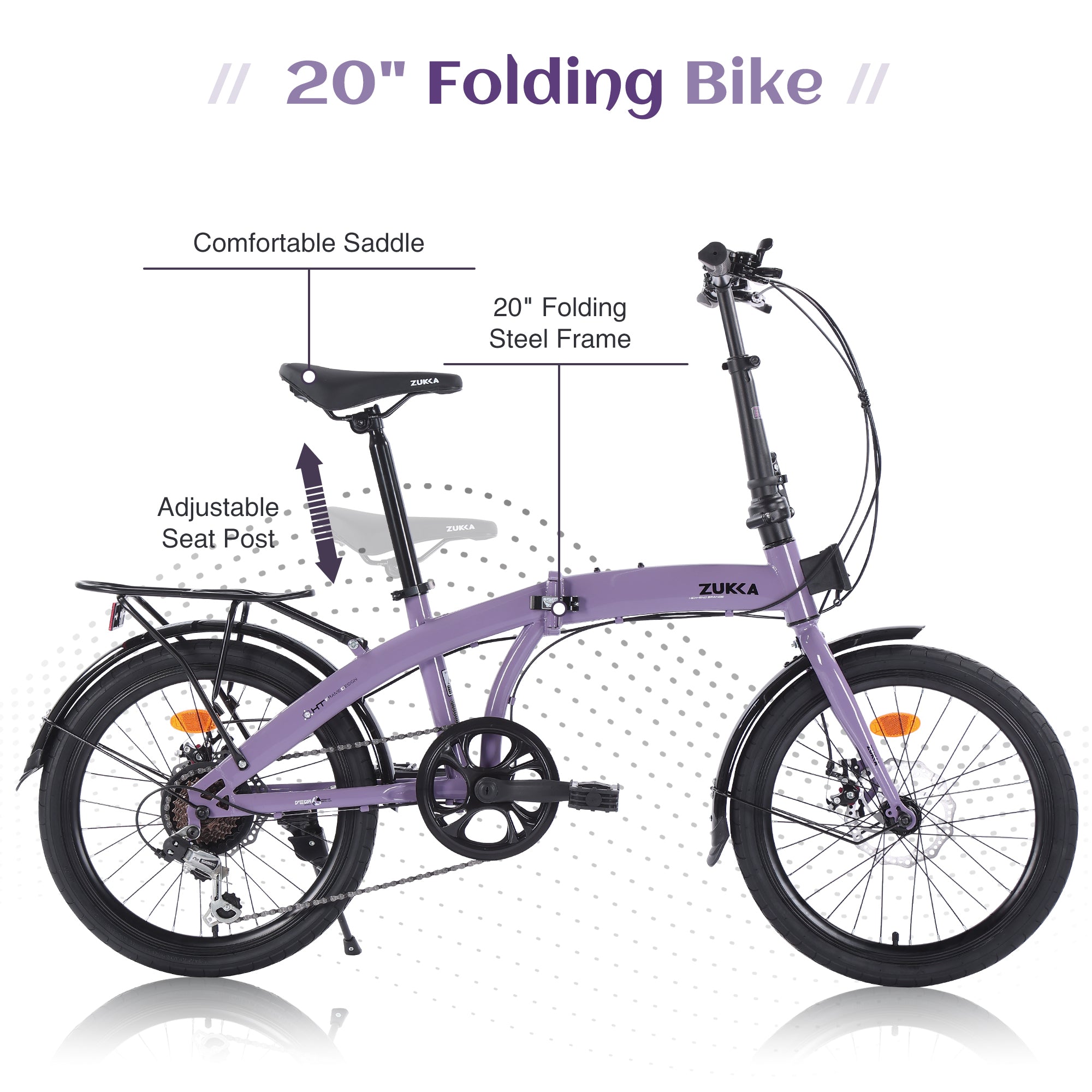 20" Folding Bike Steel Frame 7 Speed City Bike, Purple