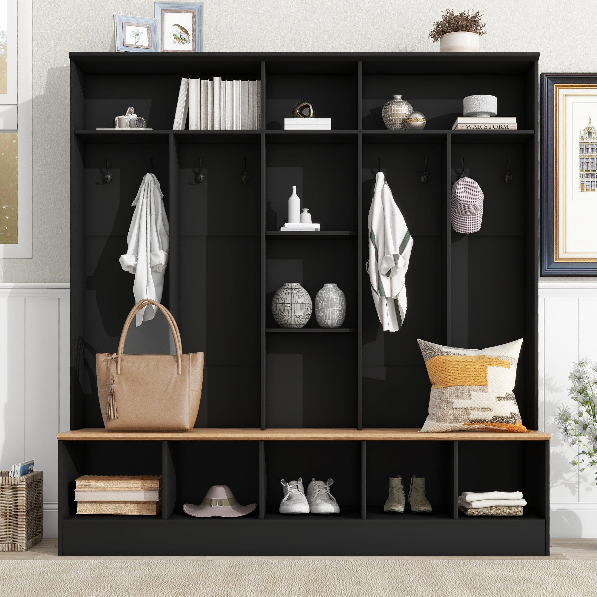 🆓🚛 Wide Design Hall Tree, Minimalist Shoe Cabinet With Cube Storage & Shelves, Multifunctional Coat Rack With 8 Hooks for Entryways, & Mudroom, Black