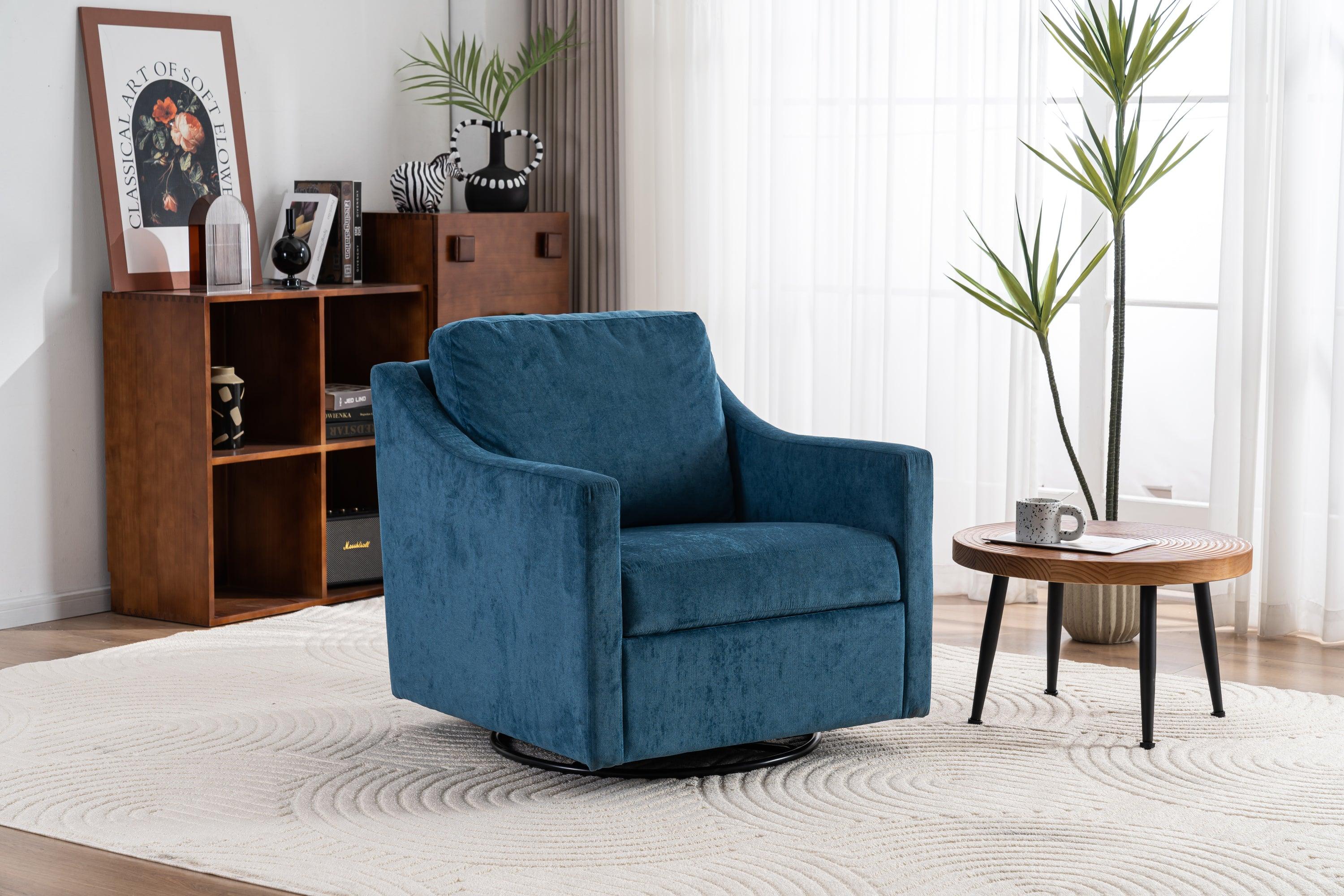 🆓🚛 Large Upholstered Swivel Armchair, Modern, Skin-Friendly, Gradient Color Linen Fabric, Navy Blue