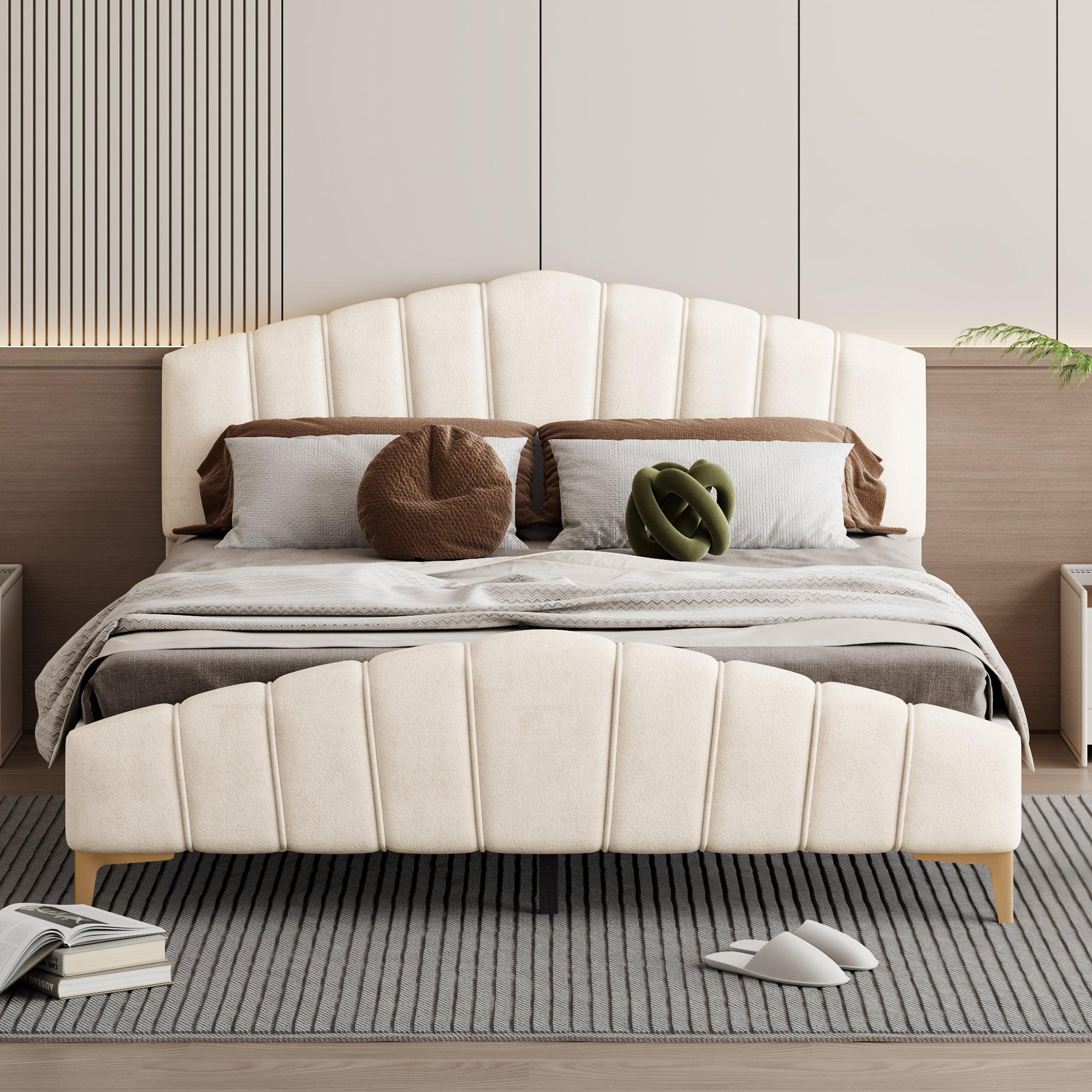 🆓🚛 Queen Size Velvet Platform Bed With Thick Fabric, Stylish Stripe Decorated Bedboard & Elegant Metal Bed Leg, Beige