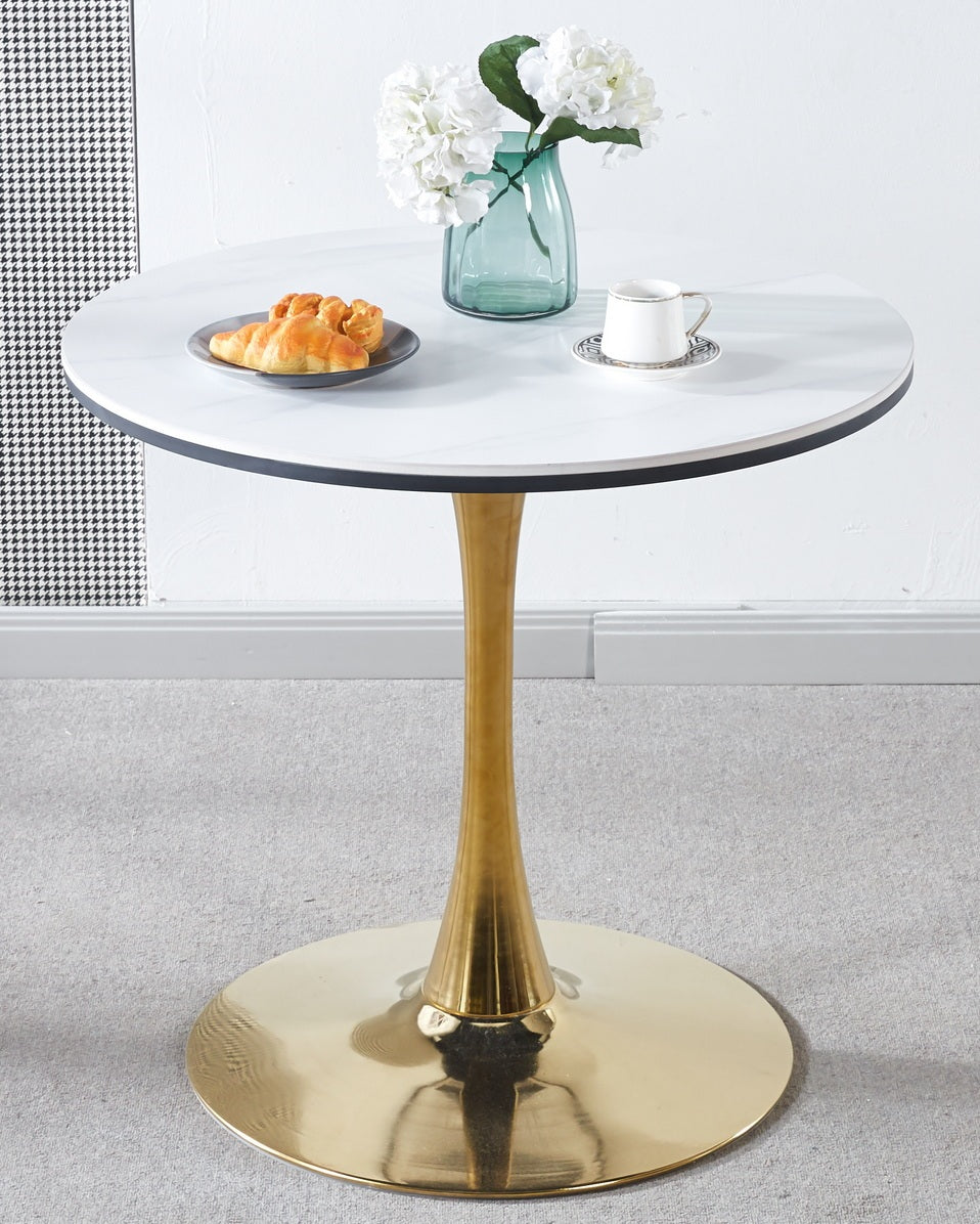 31.5" Golden and White Tulip Table Mid-Century Dining Table for 2-4 People With Round Mdf Table Top, Pedestal Dining Table