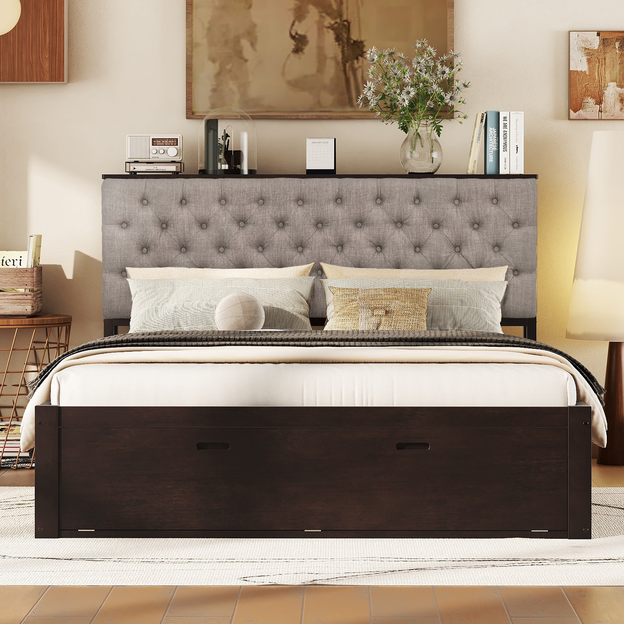 🆓🚛 Wood Queen Size Platform Bed with Storage Headboard, shoe rack and 4 drawers, Espresso