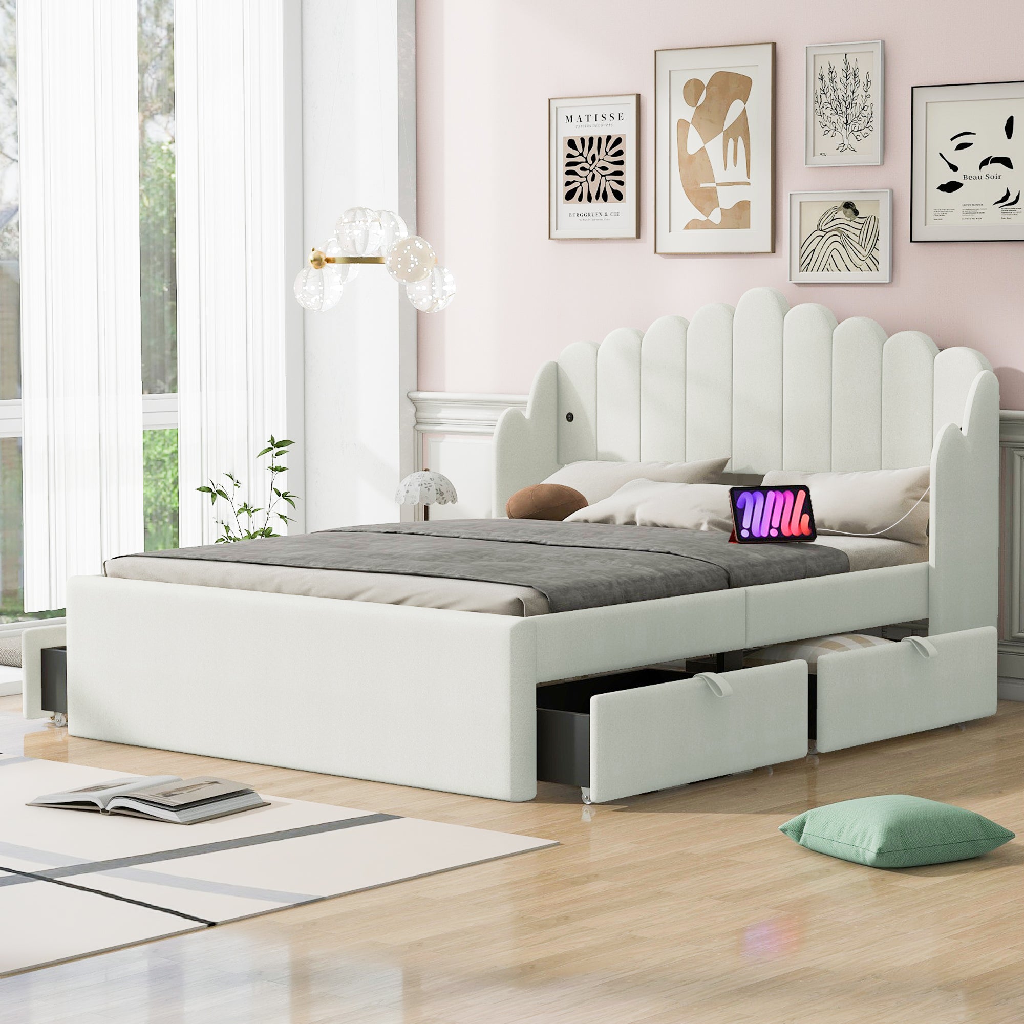 Full Size Upholstered Platform Bed with 4 Drawers and 2 USB, Beige