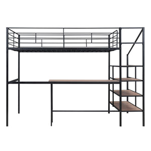 Full Size Metal Loft Bed with Desk and Lateral Storage Ladder, Black