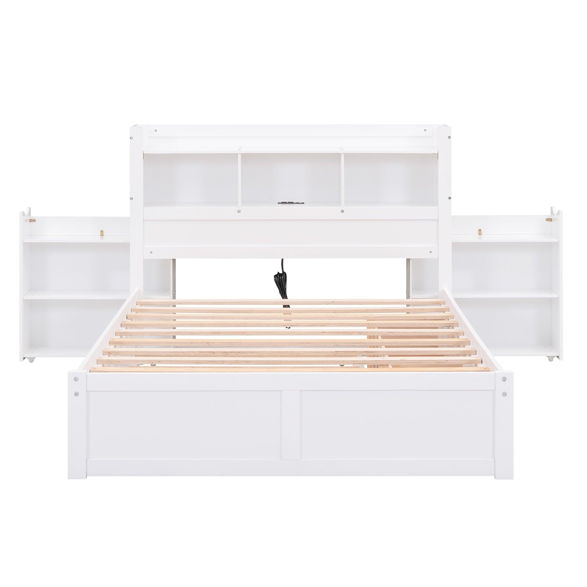 Full Size Storage Platform Bed with Pull Out Shelves, Twin Size Trundle and 2 Drawers, White