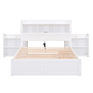 Full Size Storage Platform Bed with Pull Out Shelves, Twin Size Trundle and 2 Drawers, White