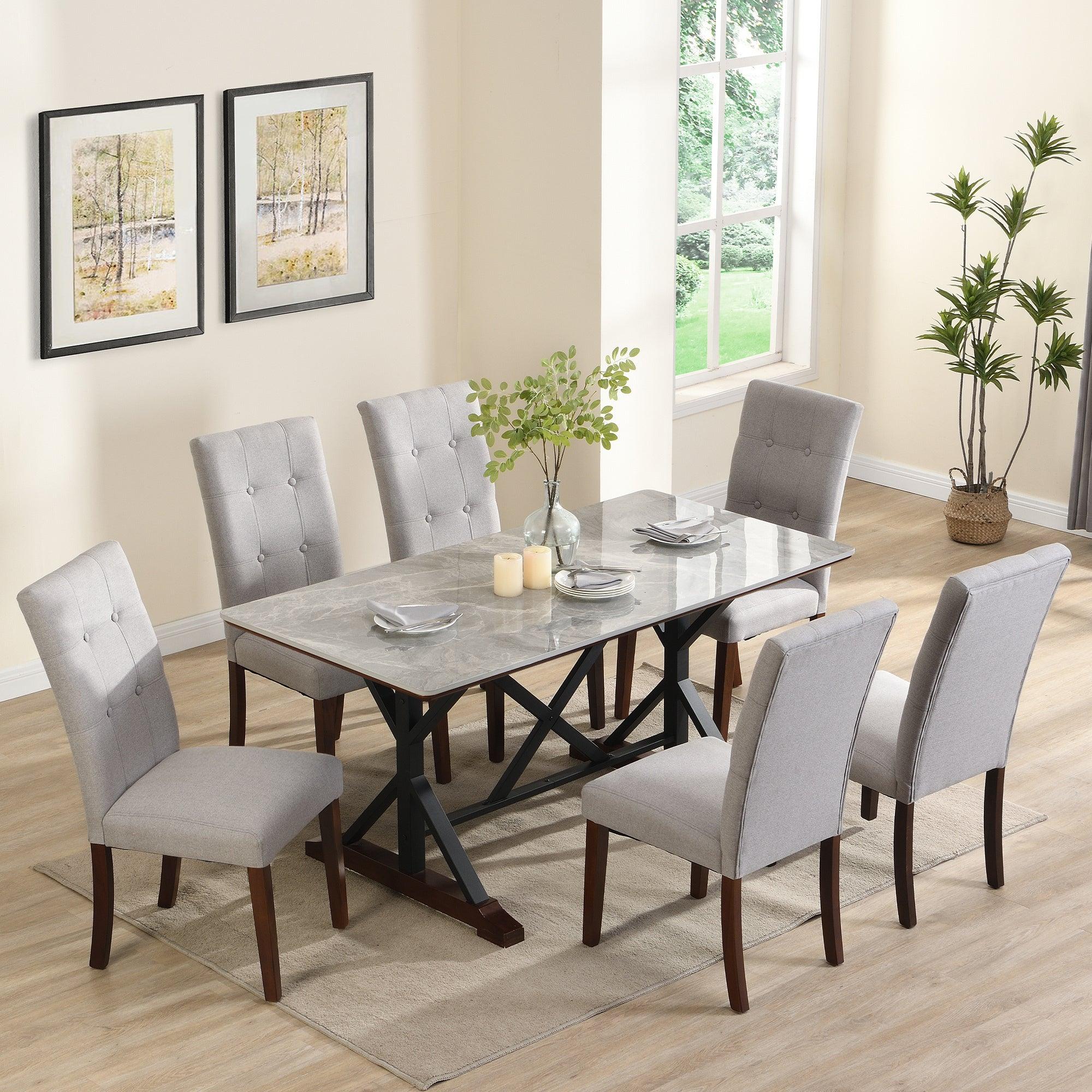 🆓🚛 7-Piece Modern Dining Set, 63-Inch Rectangle Gray Sintered Stone Dining Table With 6 Tufted Upholstered Chairs