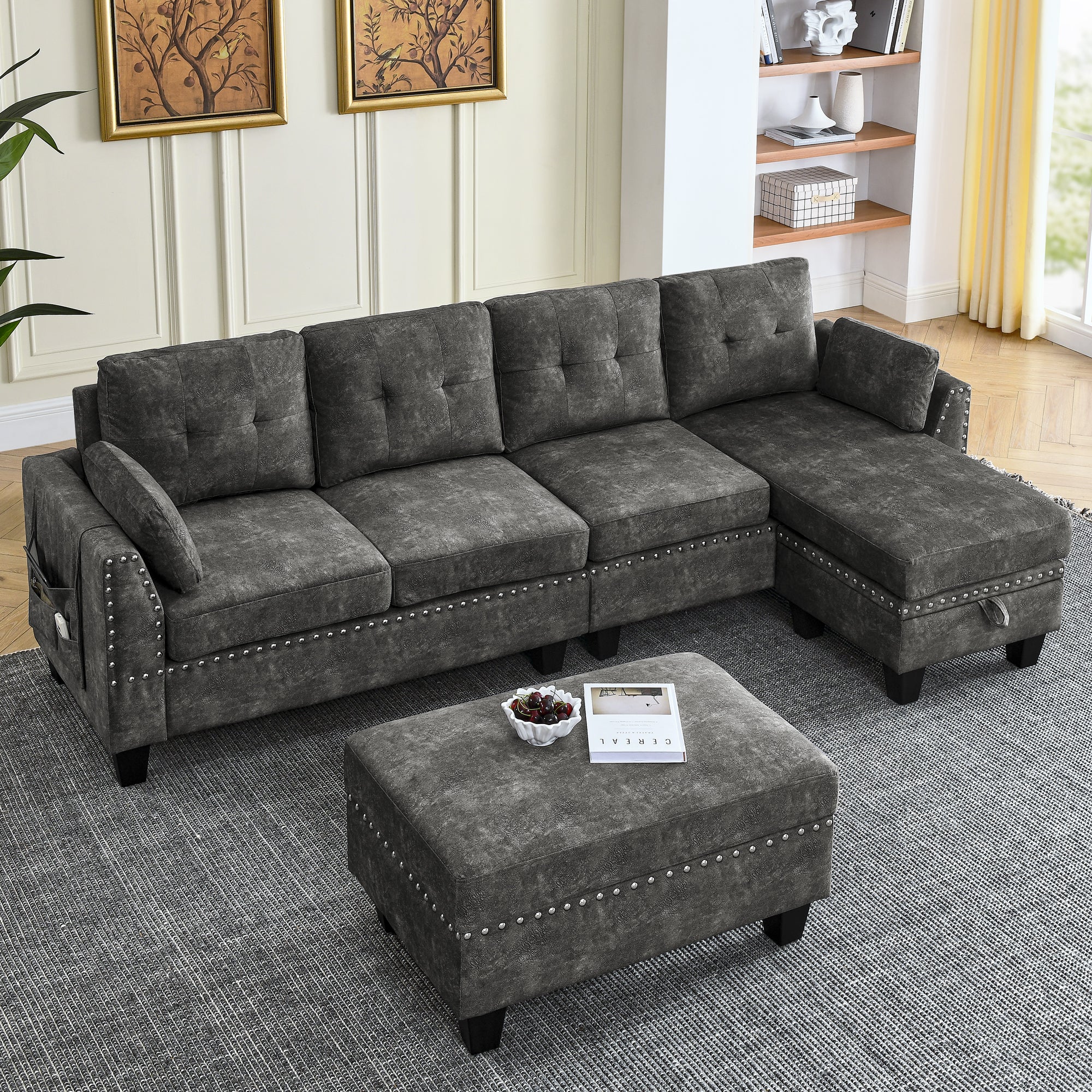 4-Seaters Sofa, Double-Sided Multi-Functional Footstool, Non-Slip Leg, Two Pillows, Velvet, Dark Grey