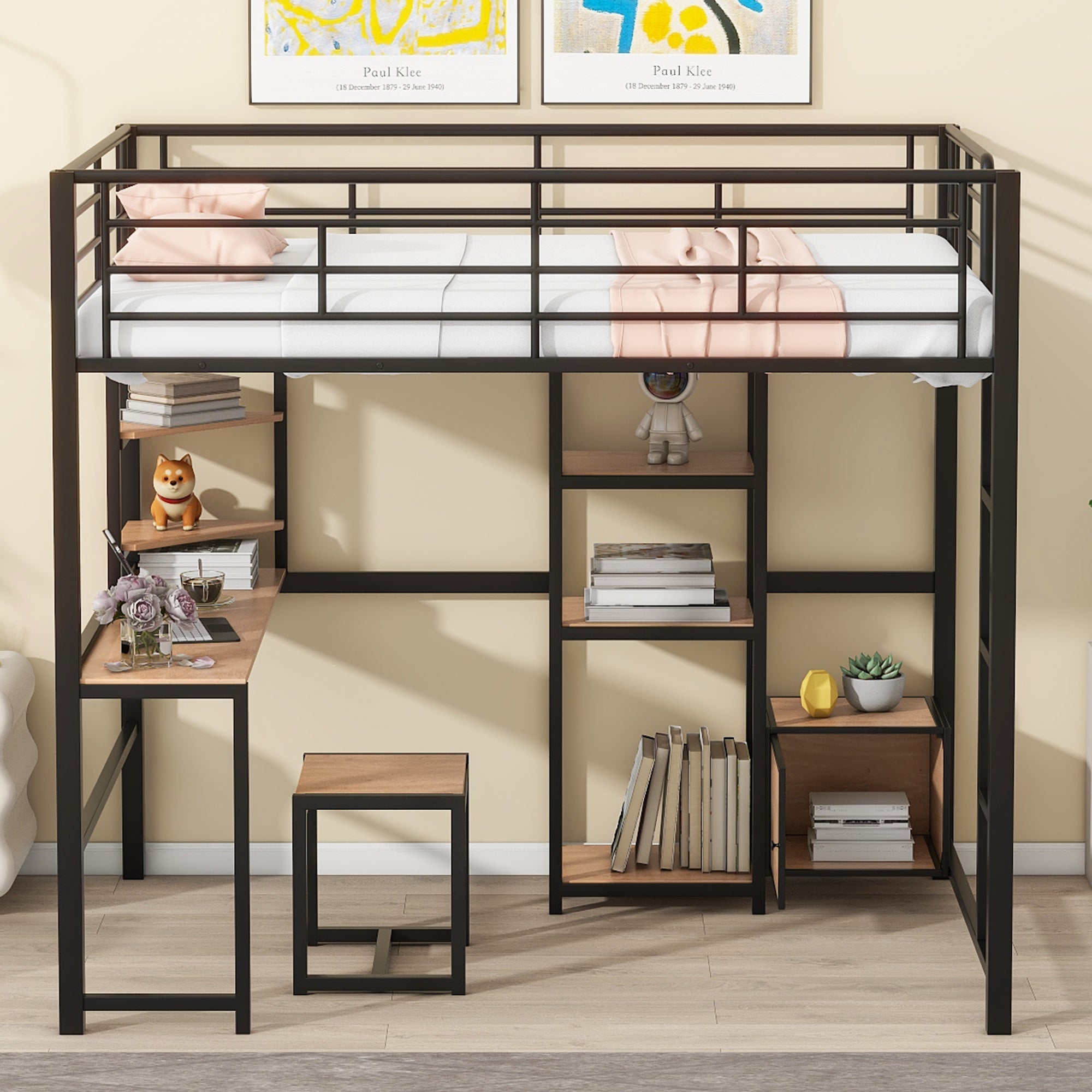 Full Size Loft Bed with Desk and Stool, Metal Loft Bed with Open-Style Wardrobe, Shelves and Cabinet, Black