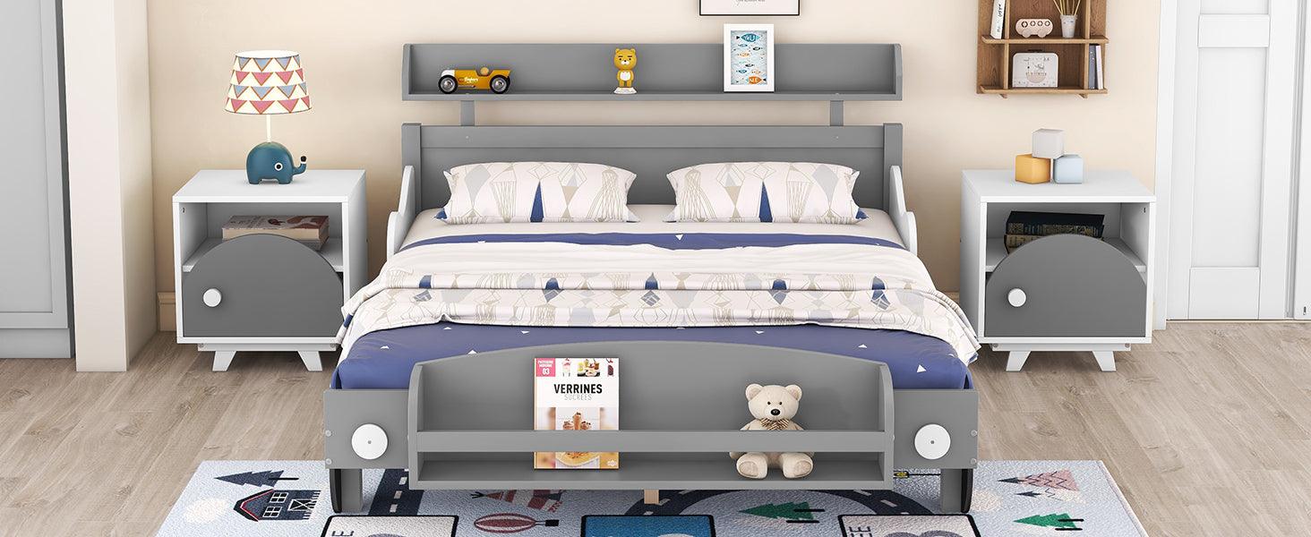 Full Size Car-Shaped Platform Bed, Full Bed with Storage Shelf for Bedroom, Gray