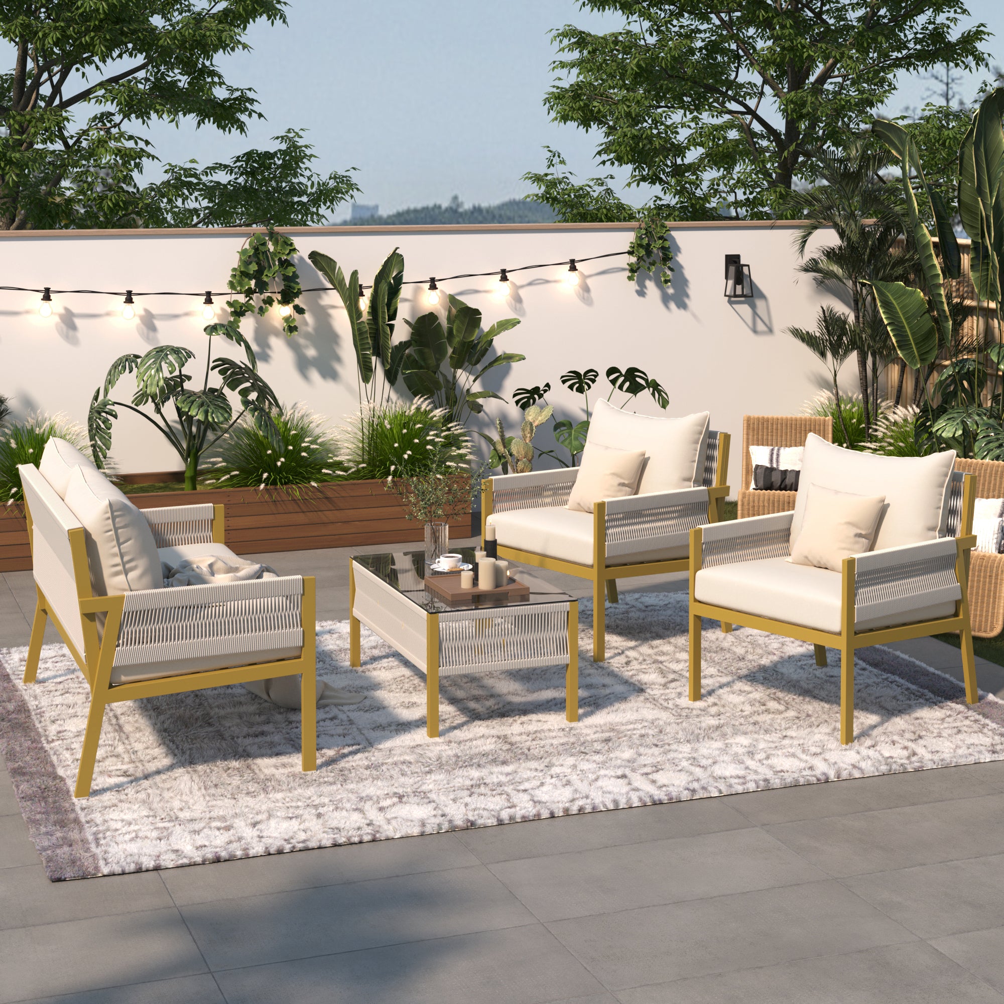 🆓🚛 4-Piece Patio Conversation Set, Outdoor Furniture with Tempered Glass Table, Patio Conversation Set Deep Seating with Thick Cushion for Backyard Porch Balcony, Beige & Mustard Yellow