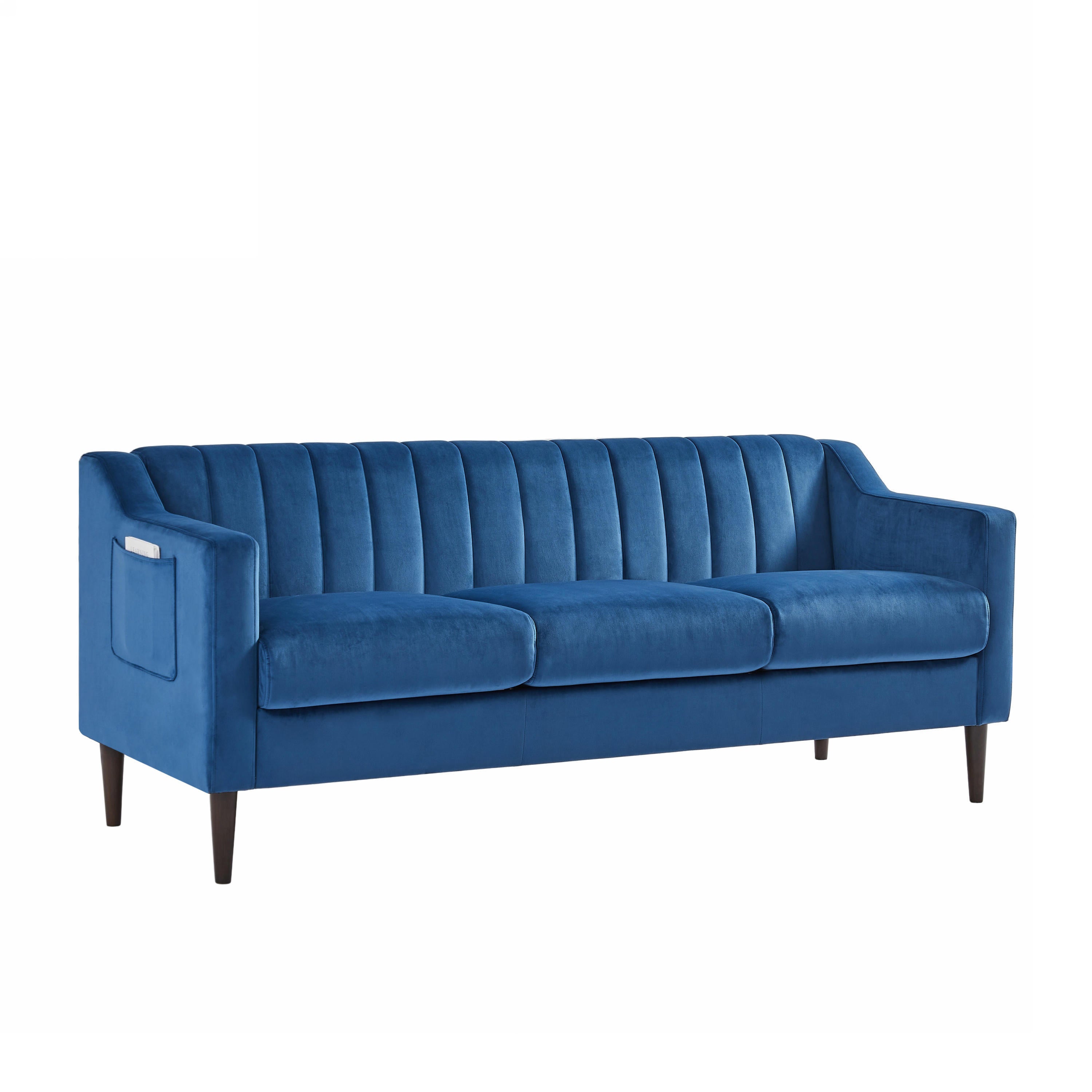 🆓🚛 77.1" Modern Chesterfield Sofa Couch, Velvet Fabric, Wooden Frame, Wood Legs, Blue