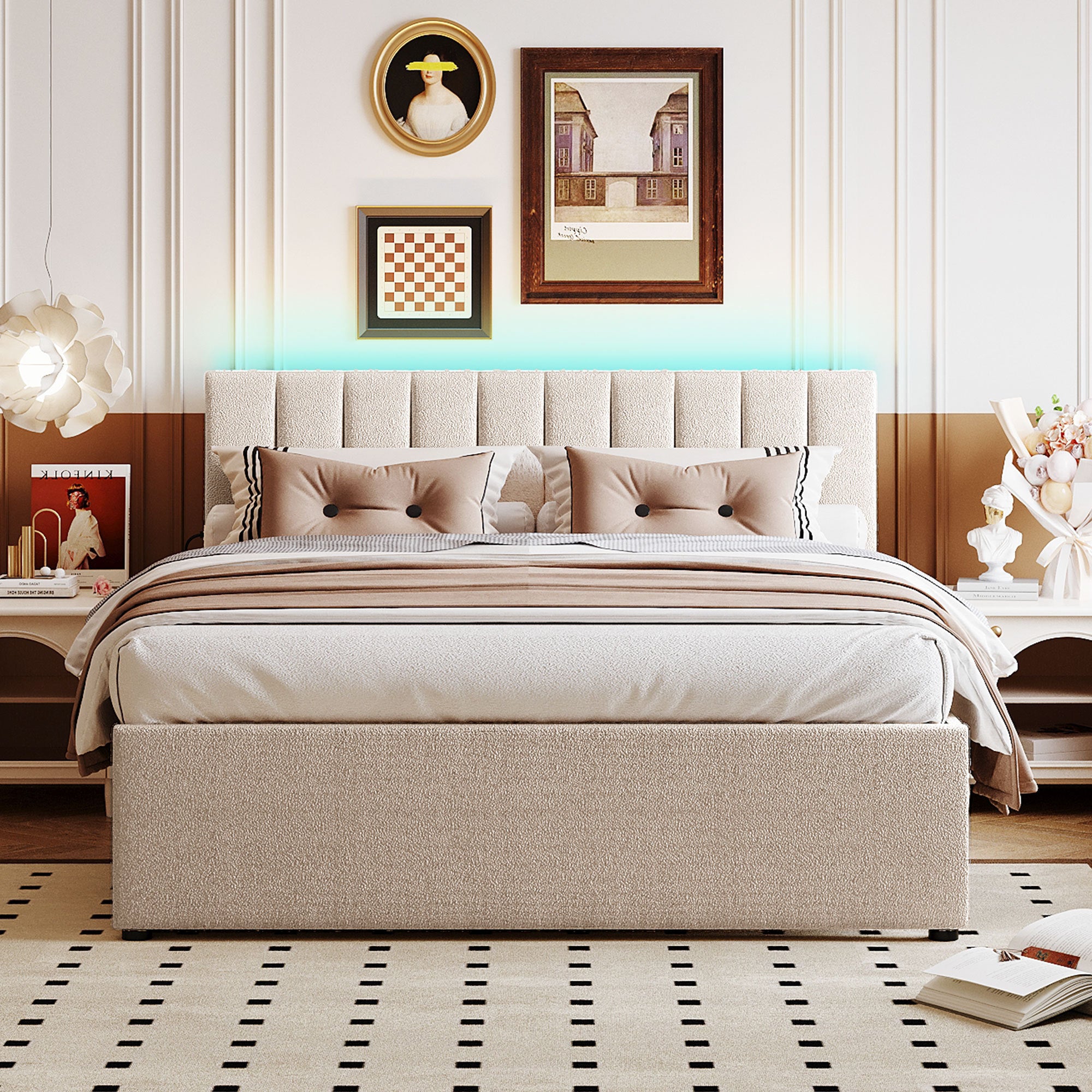 🆓🚛 Teddy Fleece Queen Size Upholstered Platform Bed with Trundle, Beige