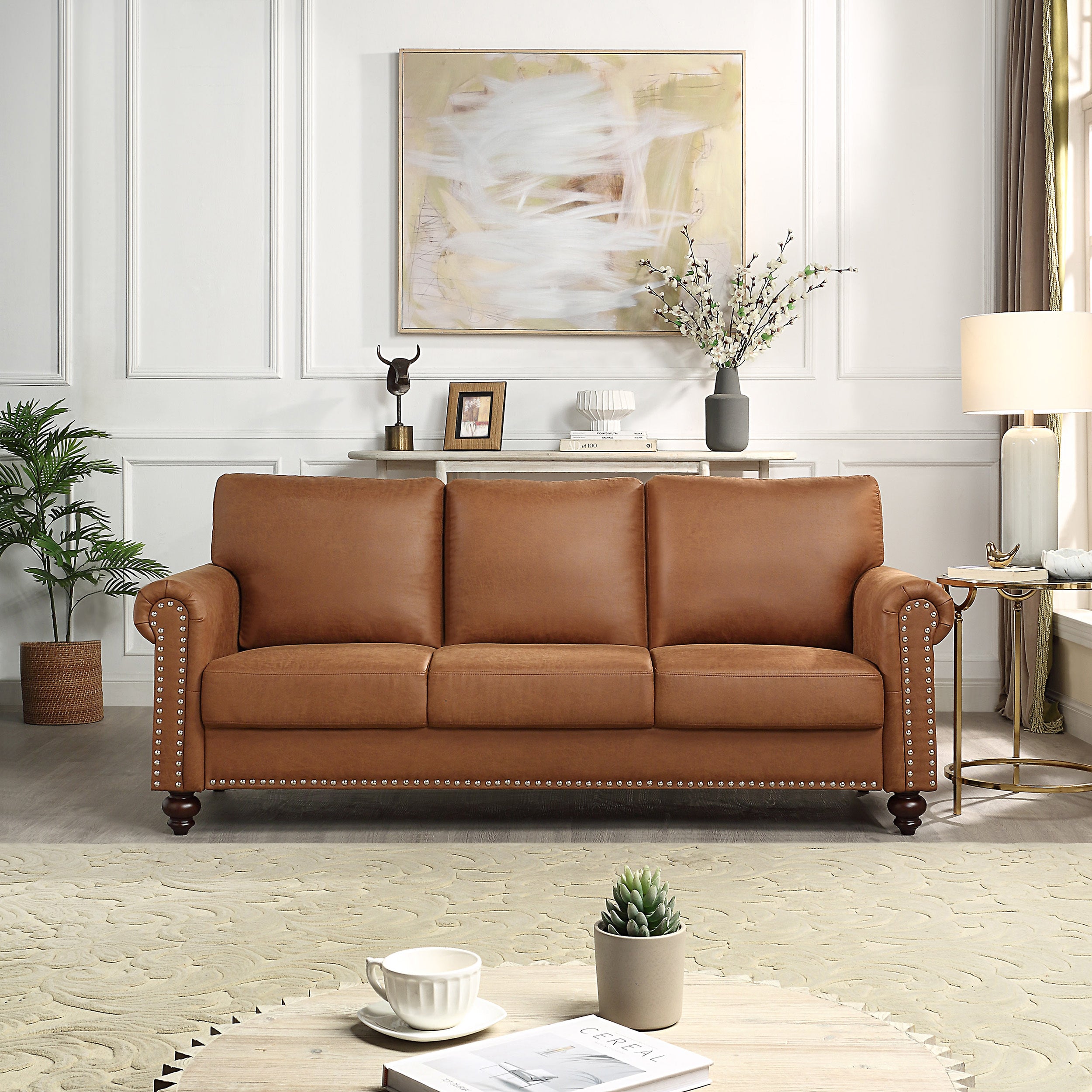 🆓🚛 80" 3 Seater Faux Leather Upholstery Sofa, with Rolled Arm and Nailhead Trim, Light Brown