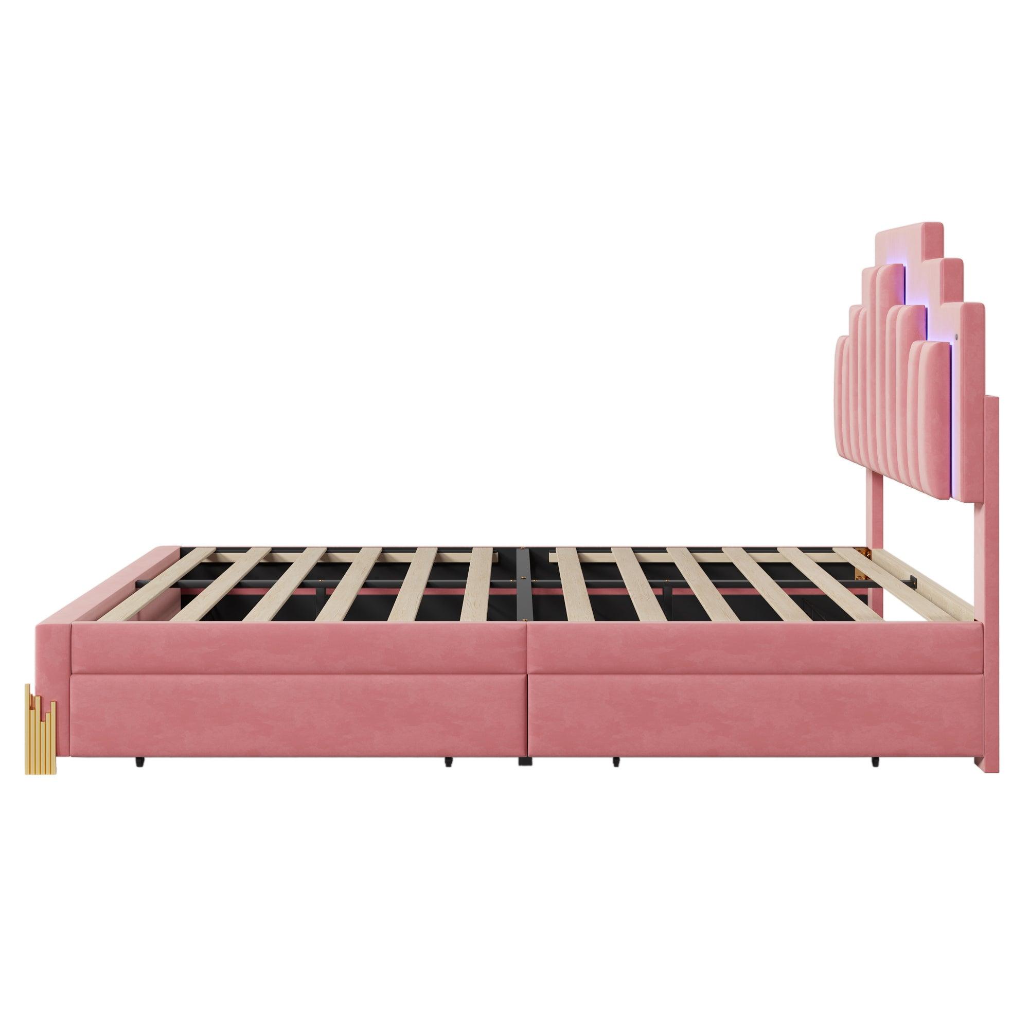 Full Size Upholstered Platform Bed with LED Lights and 4 Drawers, Stylish Irregular Metal Bed Legs Design, Pink