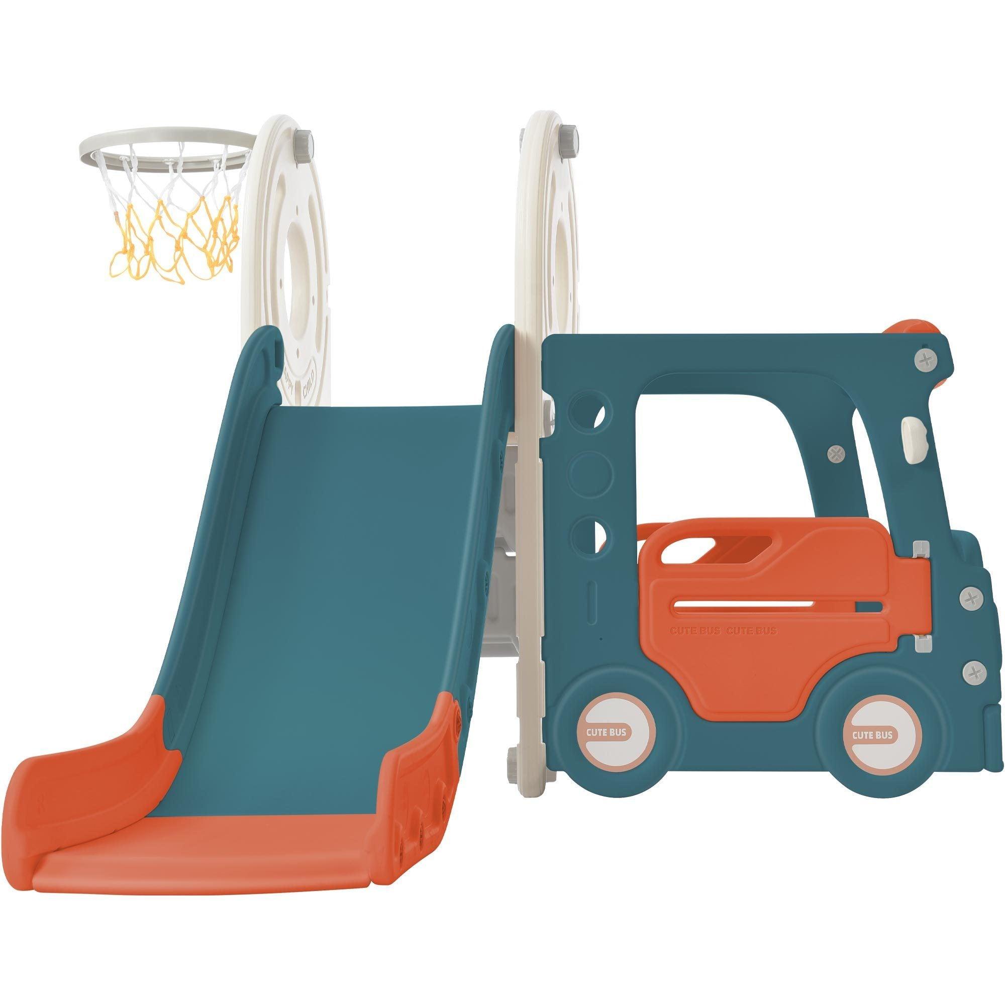 🆓🚛 Kids Slide With Bus Play Structure, Freestanding Bus Toy With Slide for Toddlers, Bus Slide Set With Basketball Hoop