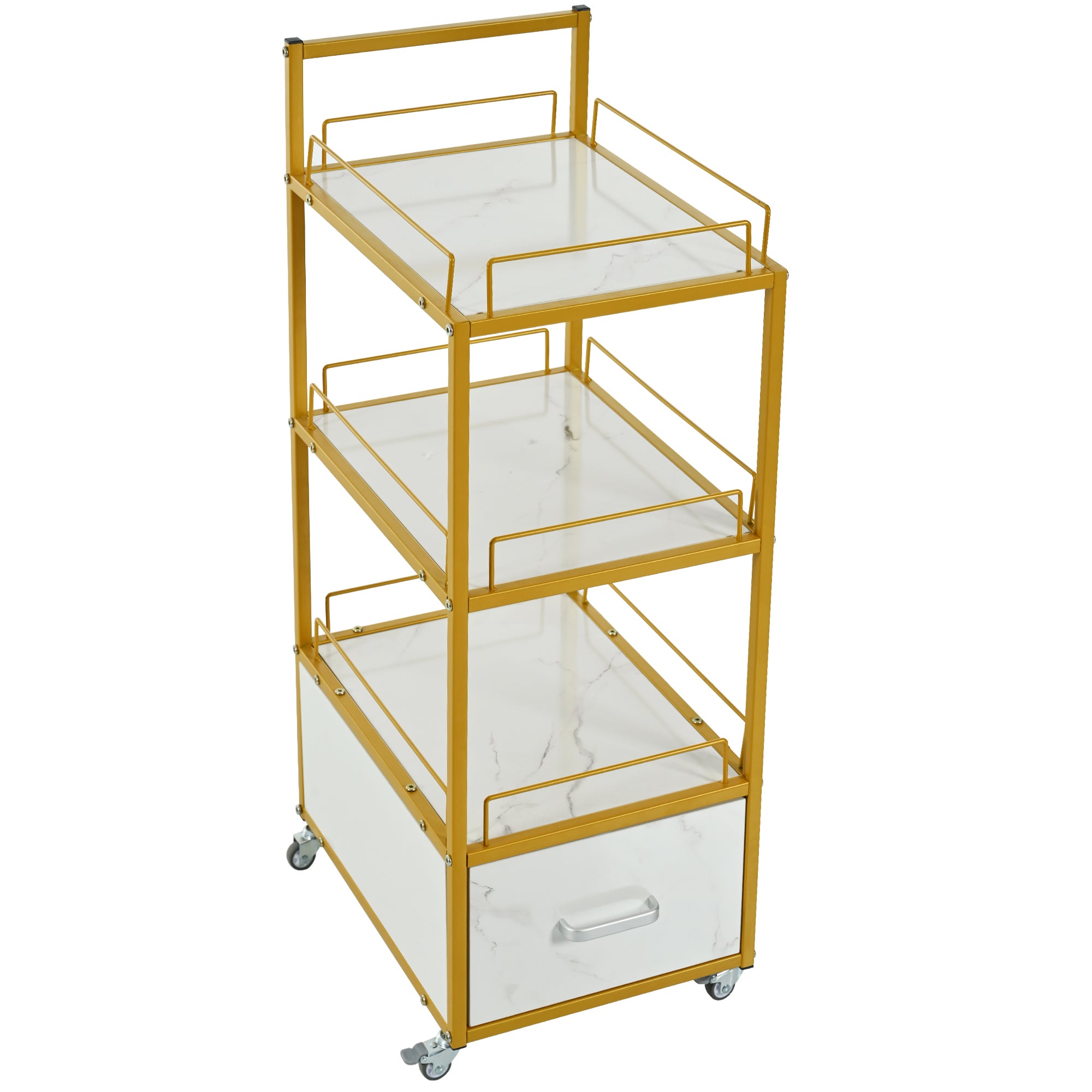 🆓🚛 Beauty Salon Storage Trolley Cart, With Lockable Rolling Wheels, Metal Frame Marbled Board, Drawer Barber Salon Furniture, White