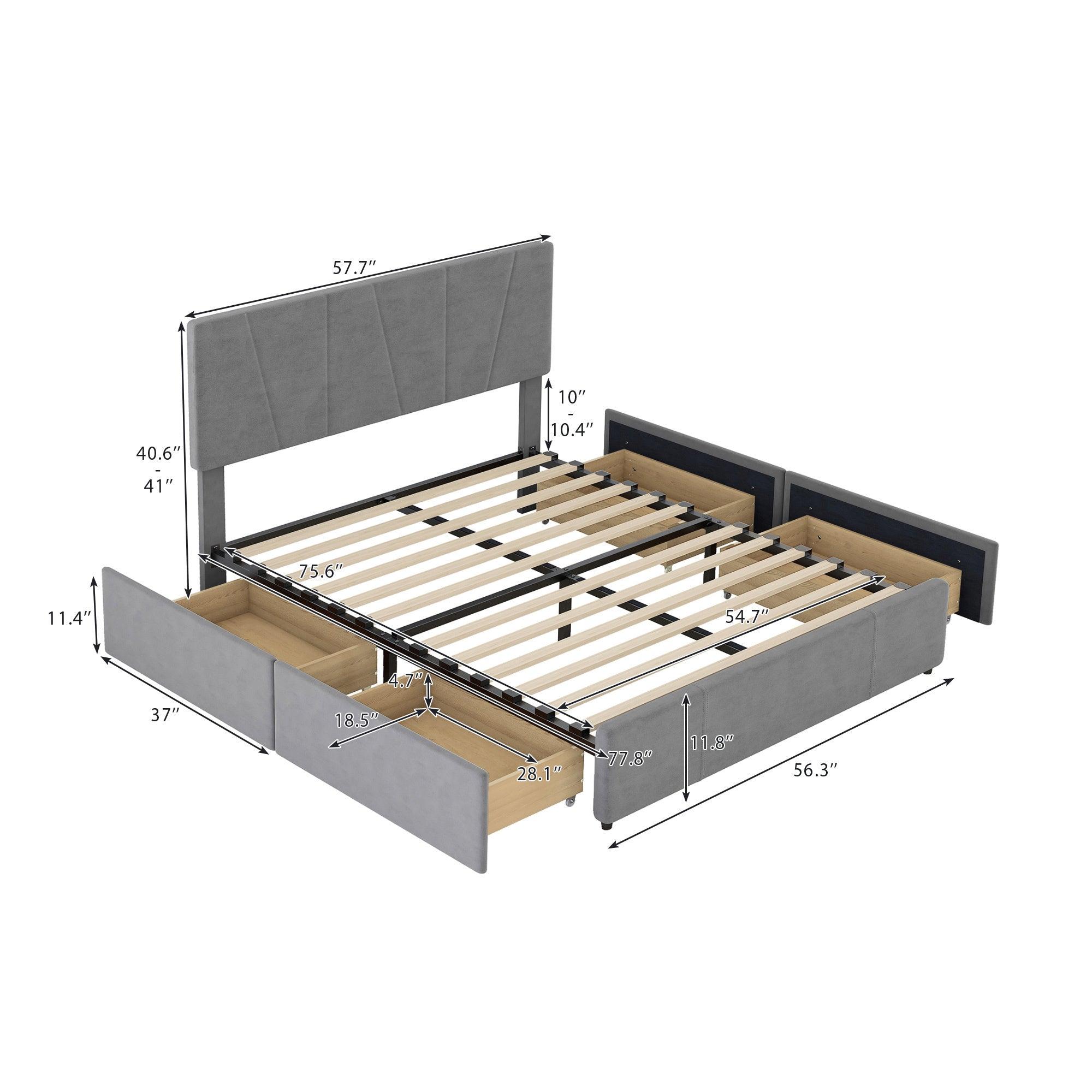 Full Size Upholstery Platform Bed with Four Drawers on Two Sides, Adjustable Headboard, Grey