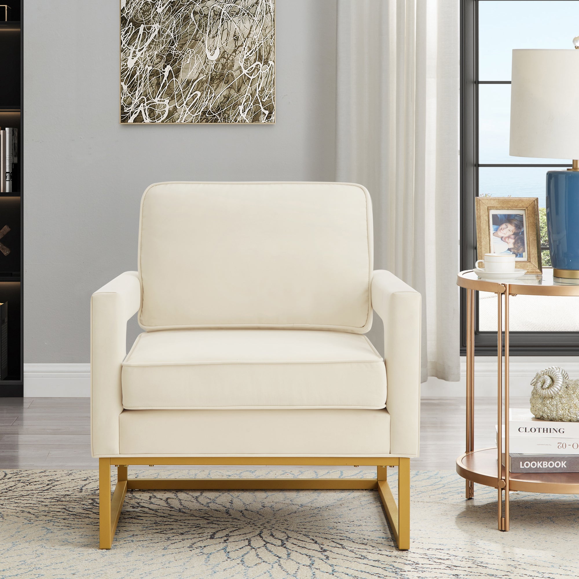 🆓🚛 Modern Style Accent Chair With Gold Metal Base, Velvet Upholstered Leisure Chair With Open Armrest, Armchair, Cream