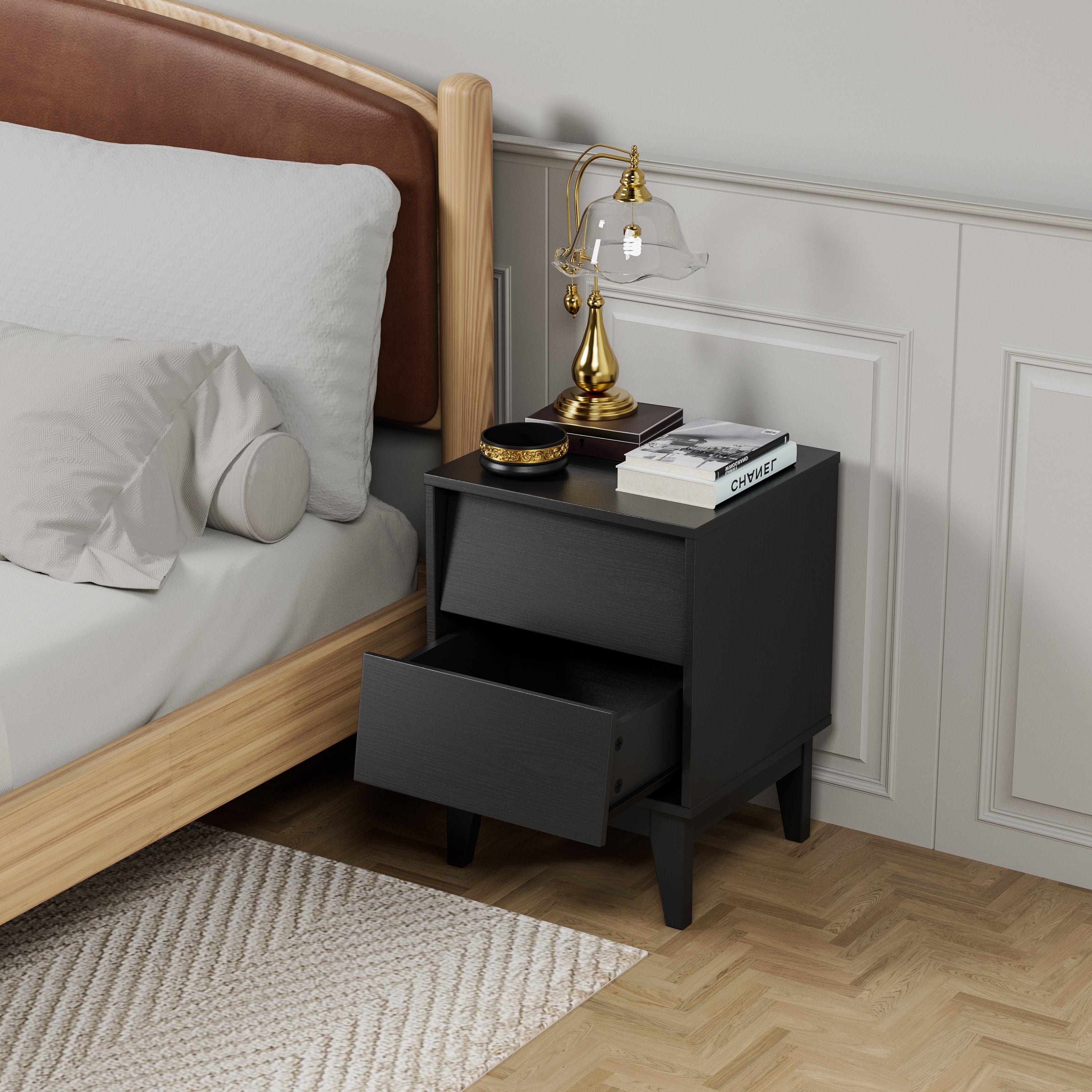 2 Set Nightstands Features Vintage-Style and Bevel Design, Made of Mdf, Mid Century Modern Nightstand, Night Stand for Bedroom