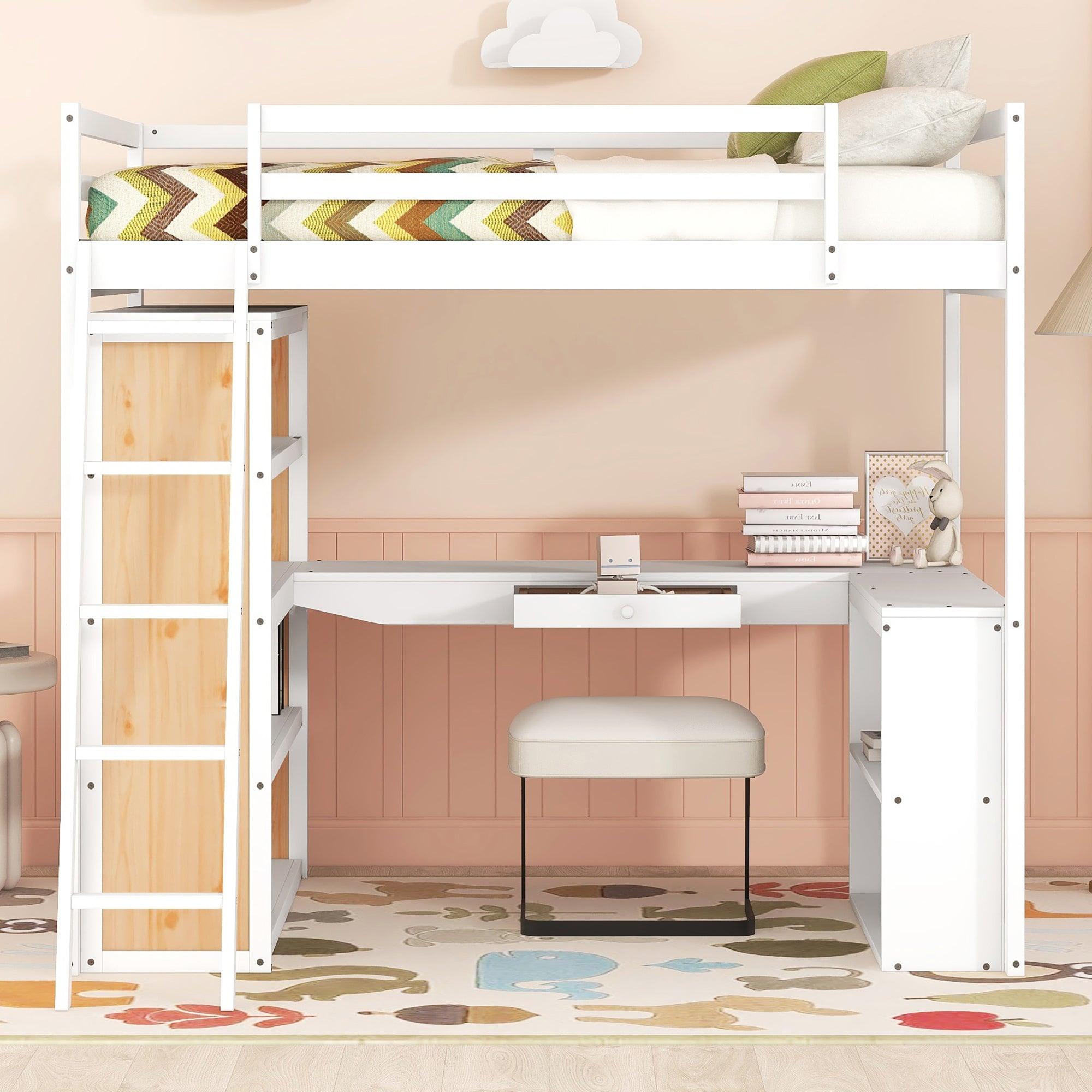 🆓🚛 Full Size Loft Bed With Ladder, Shelves, & Desk, White