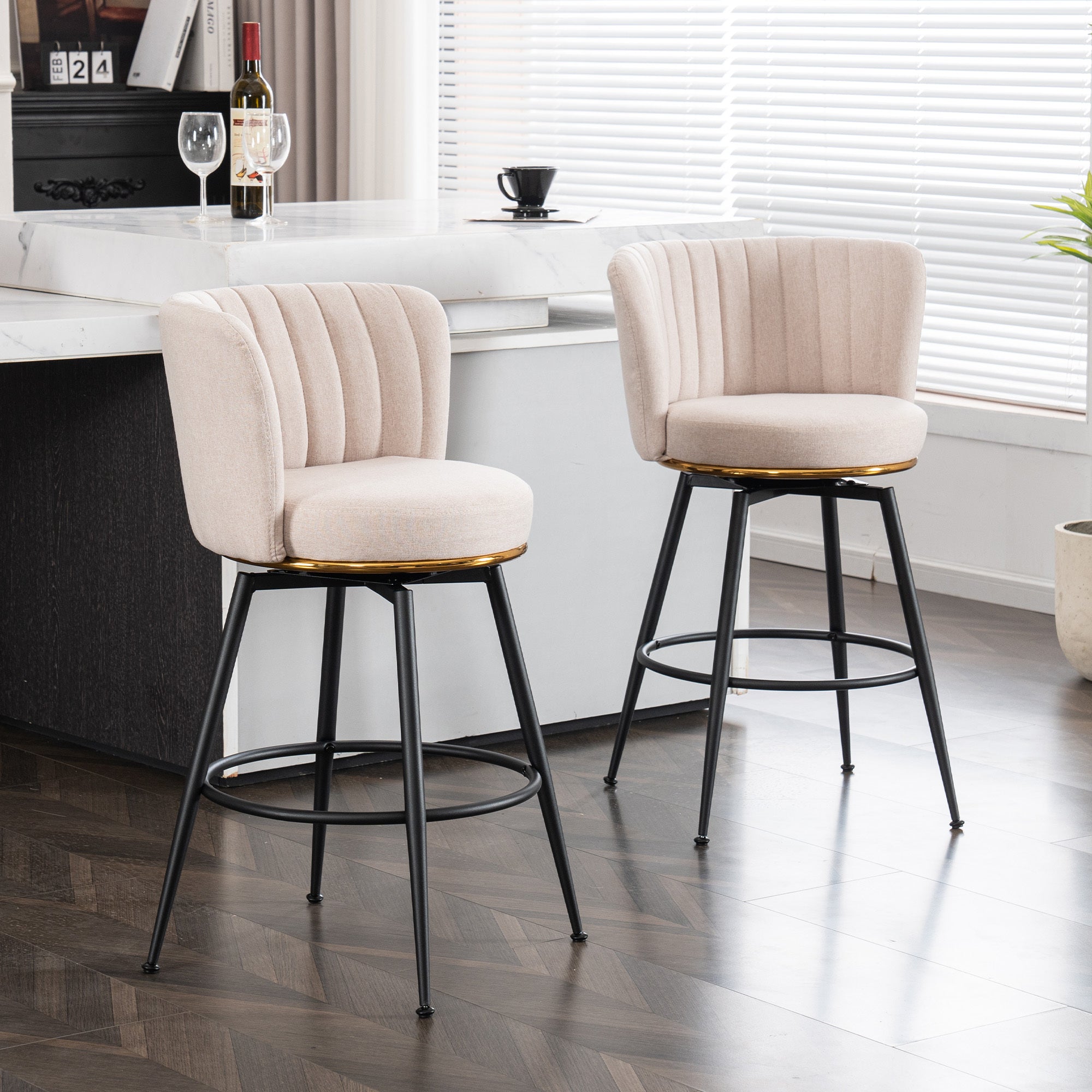 🆓🚛 Set of 2 Swivel Bar Stools, High-Back, Adjustable, Upholstered With Elegant Metal Back Accents, Beige