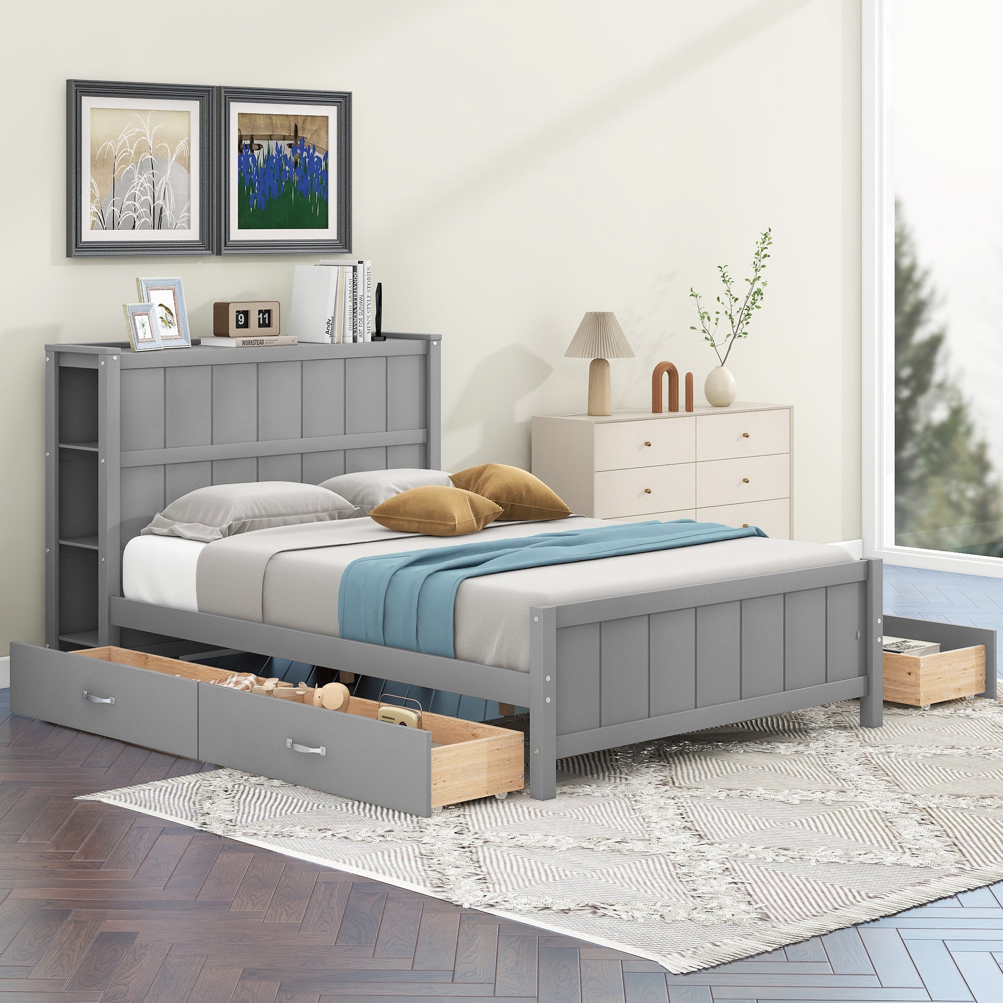 🆓🚛 Full Size Platform Bed With Drawers and Storage Shelves, Gray