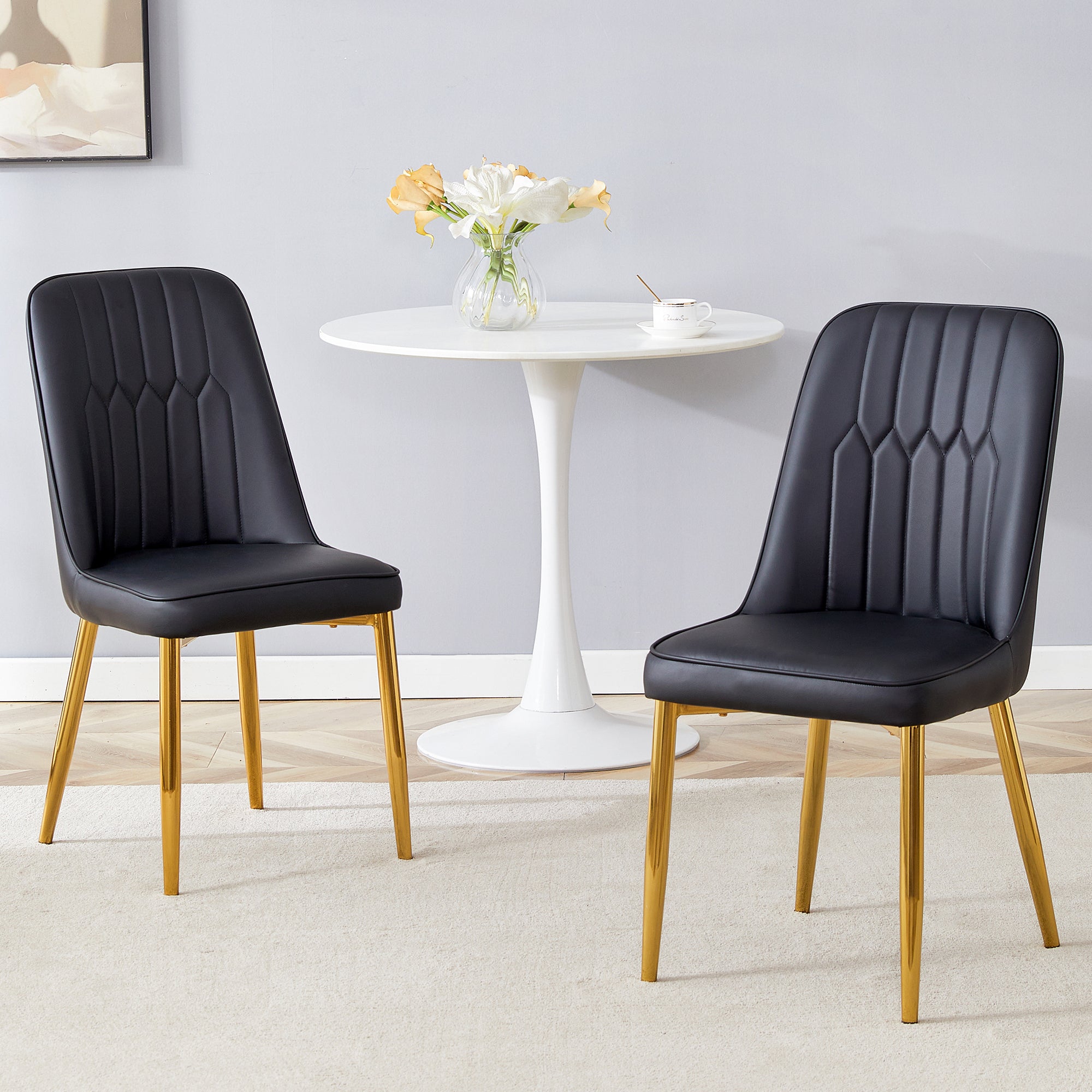 2 Modern Dining Chairs, Sleek Pu Leather Backrest, and Gold Metal Legs Bring a Comfortable Home Experience To The Kitchen, Bedroom, and Office.