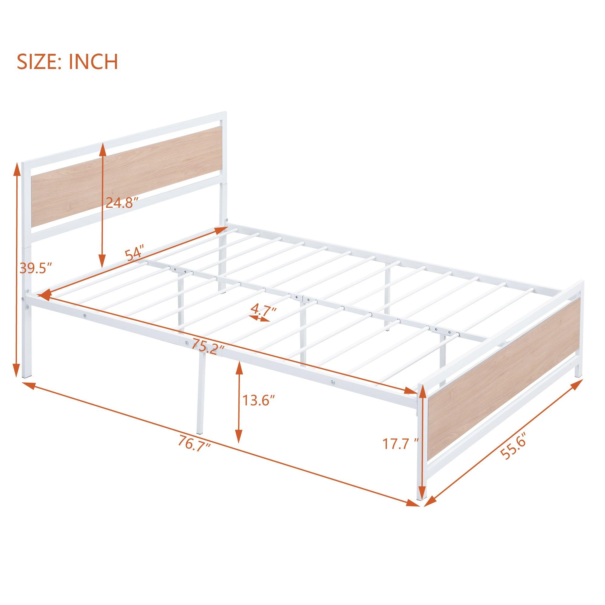 Full Size Platform Bed, Metal and Wood Bed Frame with Headboard and Footboard , White